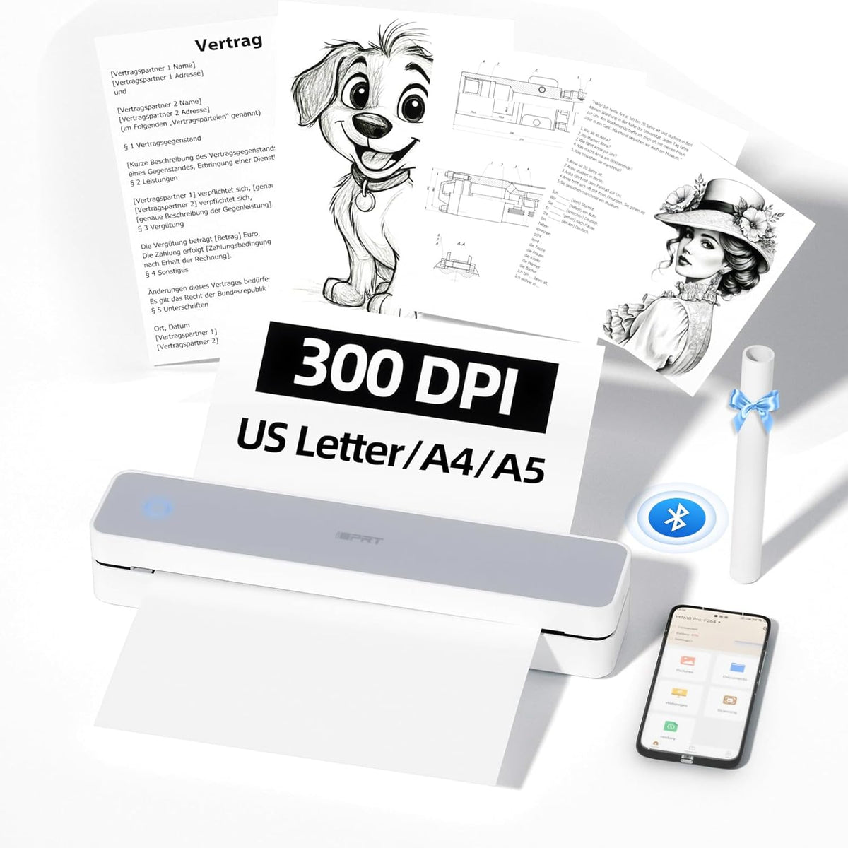 iDPRT Portable-Printer Wireless for Travel, 300DPI Inkless Thermal Small Printers for Home Use, Office, Vehicles, Mobile Bluetooth Printer Supports 8.5" x 11" US Letter, for Smartphone & PC,White Gray