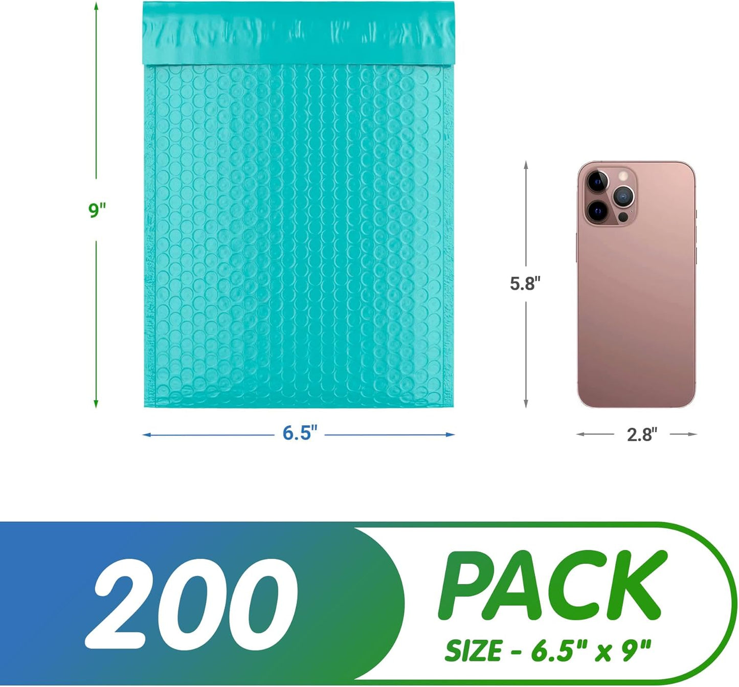 Teal Poly Bubble Mailers Self Seal, 6.5 x 9 Inch. Pack of 200 Bubble Packaging Envelopes for Shipping. Durable Padded Envelopes Waterproof. Self Seal Padded Mailers. Shipping Packages