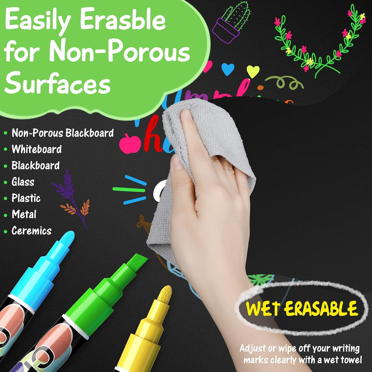 Liquid Chalk Markers Pens - 8 Colors Washable & Wet Erase Neon Chalk Makers for Blackboard, Chalkboard Signs, Glass Window, Graduation Celebration School Kids Art - Erasable Window Markers for Cars