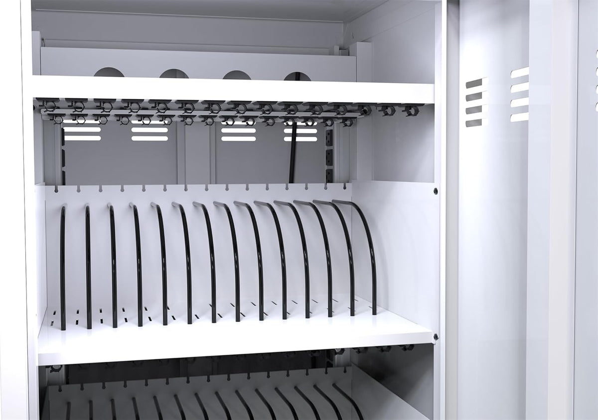 30-Device Mobile Charging Cart and Cabinet, Laptop Storage, Lockable Charging Station - Up to 16.3" Screen, White