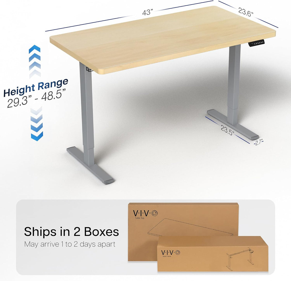 VIVO Electric 43 x 24 in Standing Desk, Memory Height Adjustment, 1B Series, One-Piece Light Wood Top, Gray Frame, DESK-KIT-1G4C