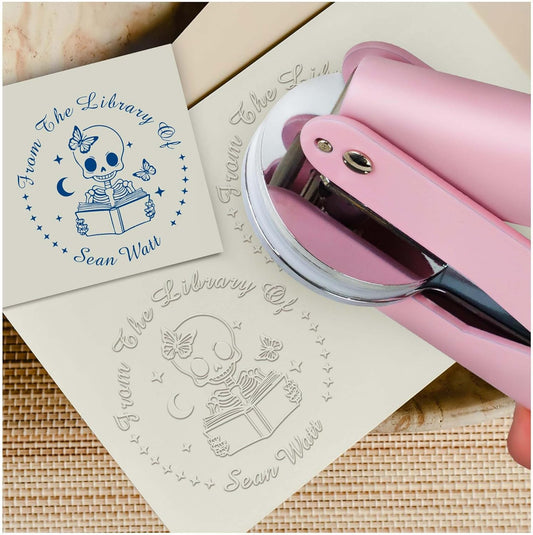 Skull Themed Library Book Embosser， Custom Book Business Card Paper Document Notebook, Self Inking Stamp，Book Lover Gifts，Christmas Gifts (Style14)