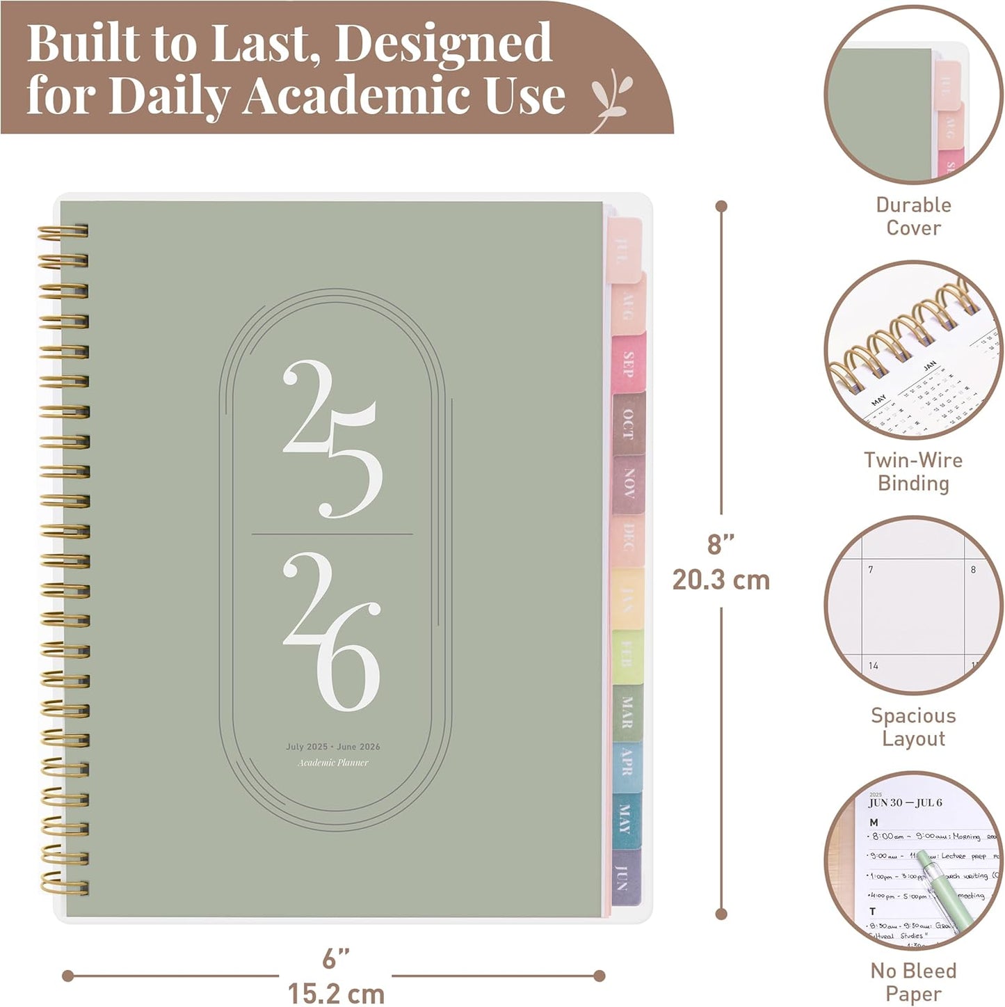 Rileys Academic Planner 2025-2026, Daily, Weekly & Monthly Planner, July 2025 - June 2026, Student Notes Pages, Twin-Wire Binding, Weekly Agenda for School & Work (8.5 x 11-Inches, Green)