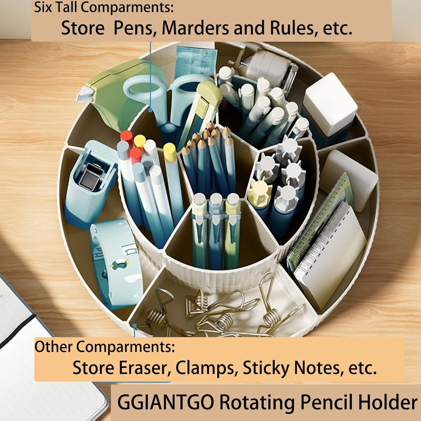 Rotating Desk Organizer, 360° Rotating Pencil Pen Holder for Desk, Desk Organizers and Accessories with 11 Slots Pencil Organizer, Art Supply Storage Box Caddy for Office (Beige)