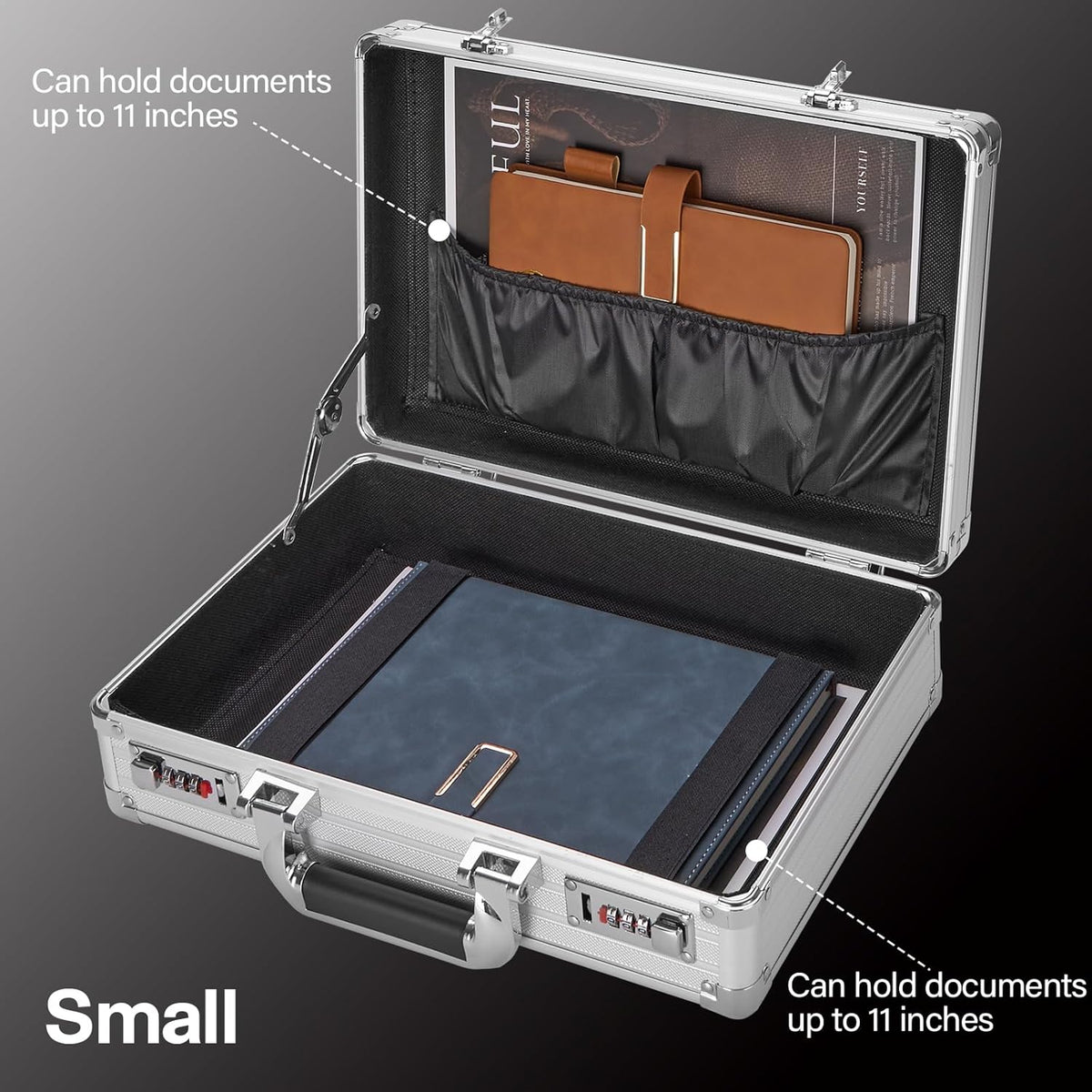 File Organizer Storage Box - 14.2 x 9.8 x 4.5 Inch Medium, Portable Locking Storage Totes with Dual Combination Locks, Lock Boxes for Personal Items, Cash, Briefcase - Silver
