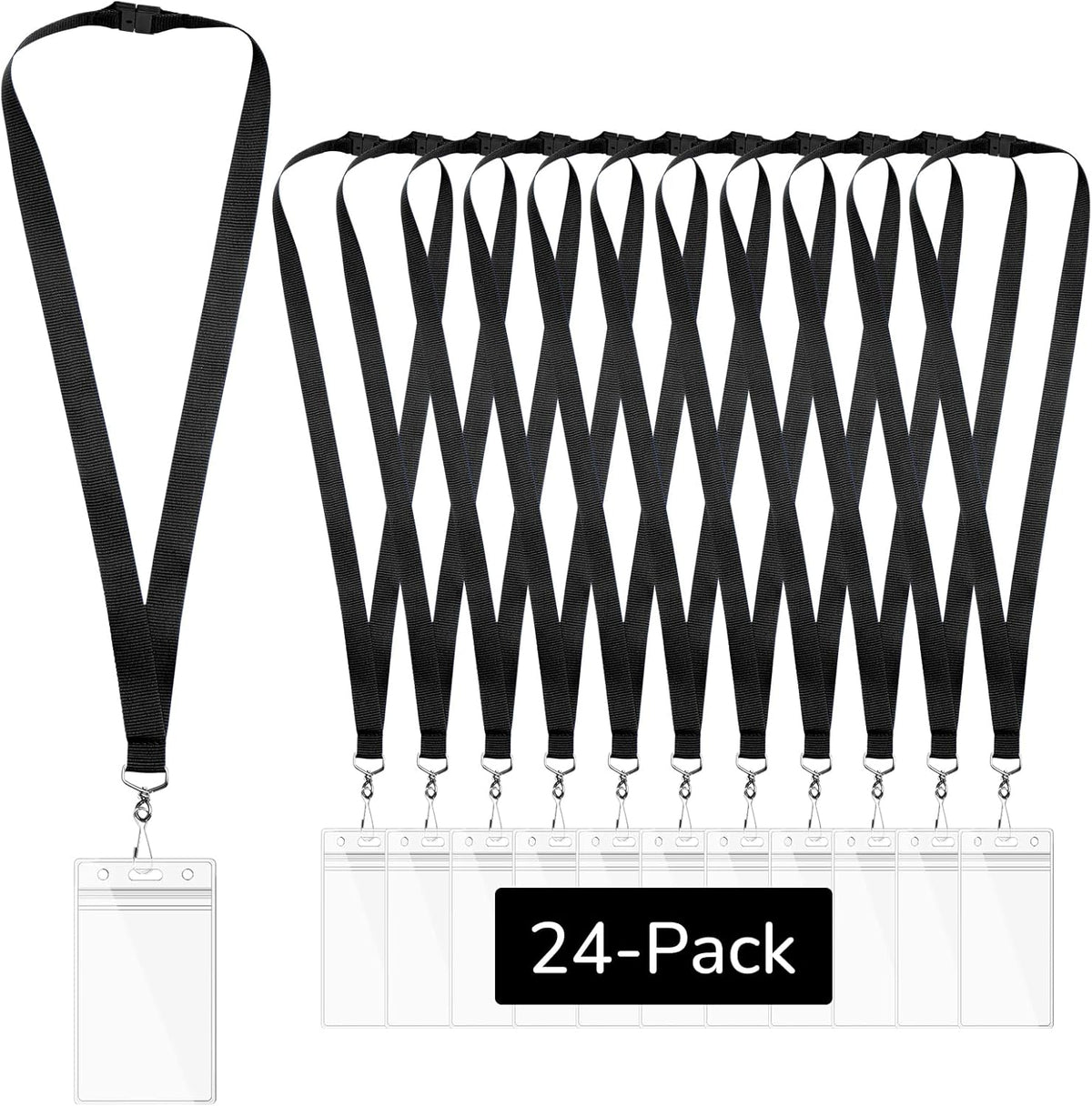 24-Pack Black Breakaway Lanyards with Waterproof Badge Holders, Metal Hook, Polyester Neck Straps for ID Cards, Events, Office, and Schools