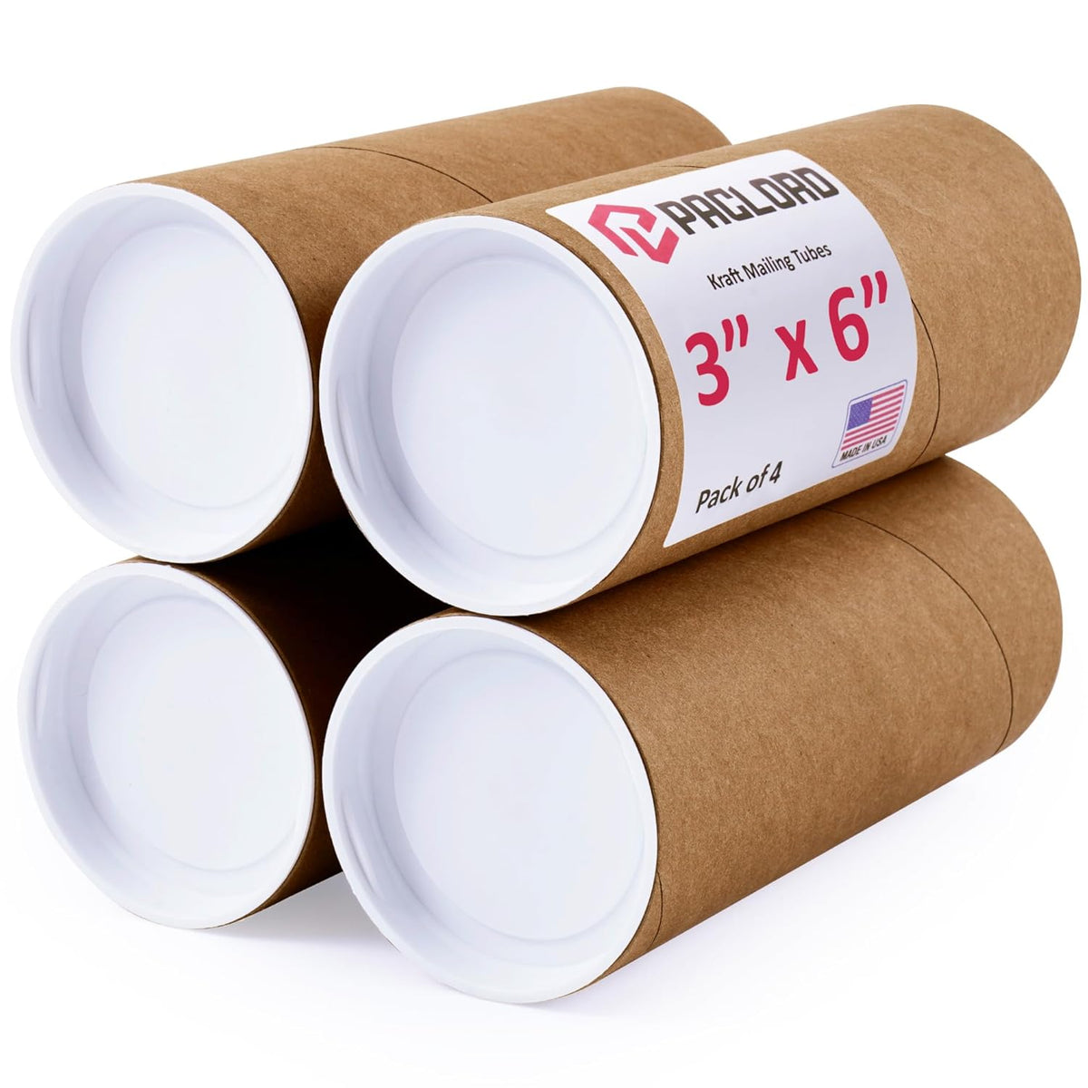 3" x 6" Reinforced Kraft Paper Mailing Tubes, Pack of 4 Tubes with 2 Caps Each – USPS Approved Poster Tube – Made in USA Cardboard Tube for Shipping and Storing Posters, Prints, Artwork, or Documents