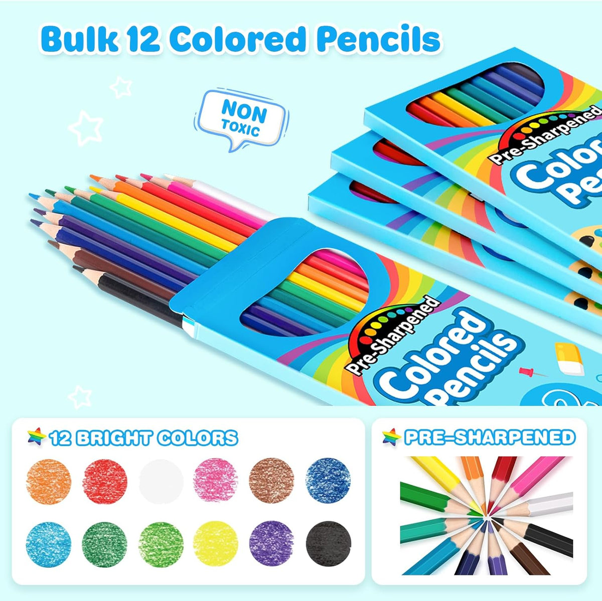 V-Opitos 48 Count Colored Pencils, 4 Packs Pre-sharpened Coloring Pencils for Kids in 12 Colors, Bulk School Supplies for Teachers, Ideal Back to School Supplies & Classroom Prizes