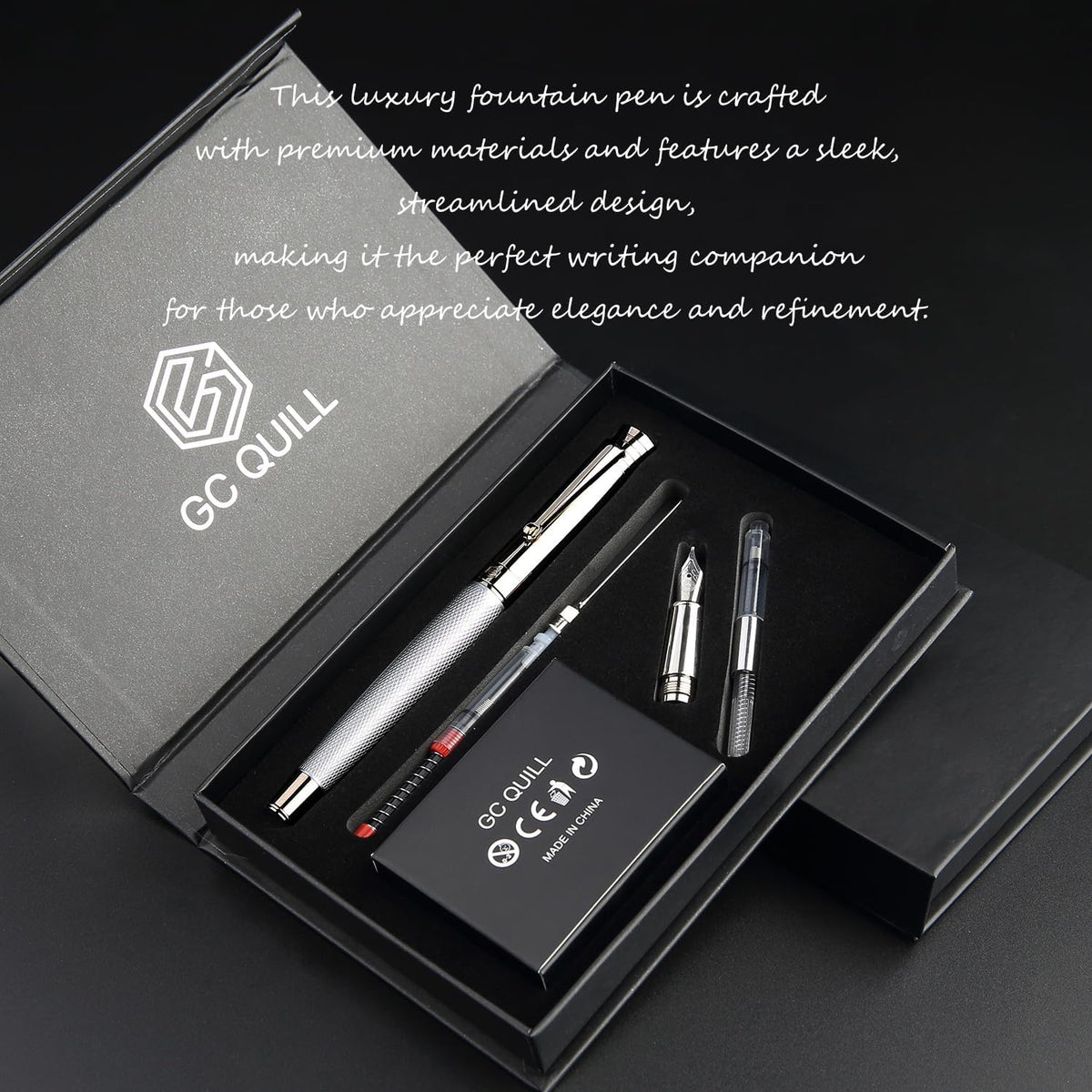 GC QUILL Fancy Fountain Pen Set – Fine and Medium Nibs, 18 Ink Cartridges, Ink Converter, Syringe Filler, Luxury Pen Gift for Men Women, Nice Pen for Writing Journaling – MU-14