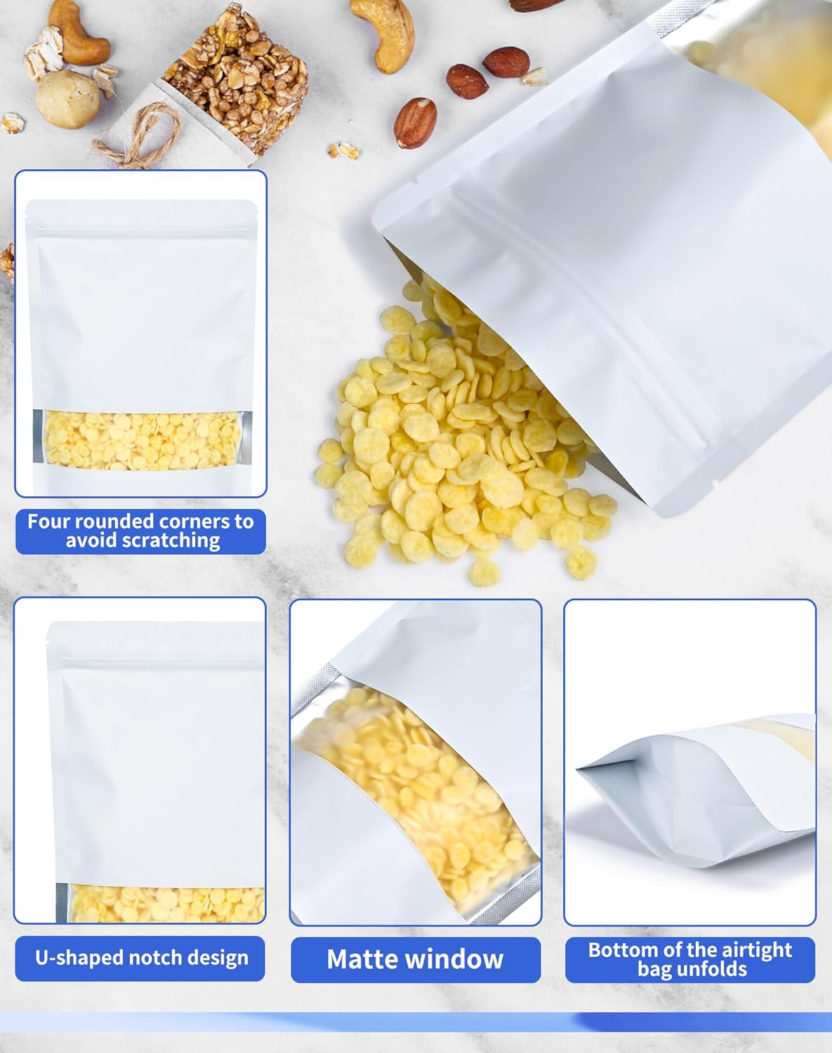 FireKylin 100 Pack Smell Proof Bags 7.9" x 11.8", Resealable Bags with Matte Window, Foil Pouch Stand Up Sealable Bags for Packaging（White）