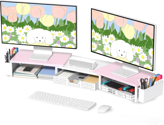 Desk Dual Monitor Stand Riser - Desk Organizer with Drawer and Pen Holders, Office Desk Accessories & Workspace Organization, Computer Monitor Stand for Laptop, Printer(Pink＆ White)