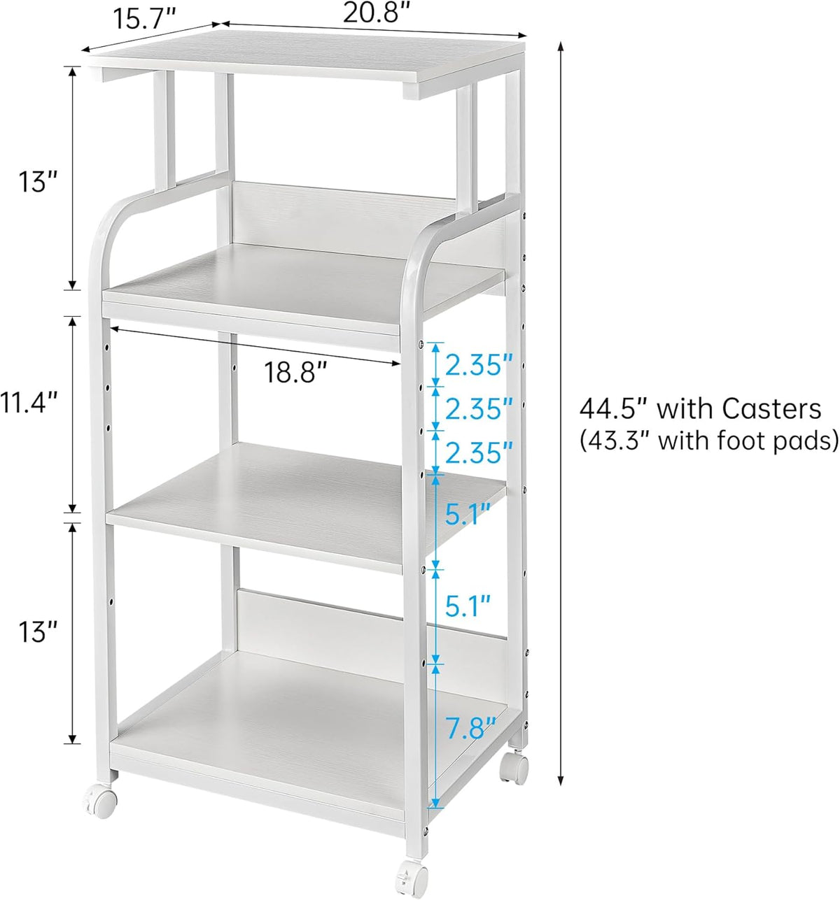 4 Tier White Printer Stand Table with Adjustable Shelves, Movable Printer Shredder Stand with Wheels for Home Office Storage and Organization, Rolling Cart for Computer Tower CPU