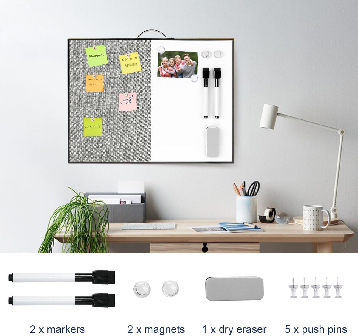 Small White Board Cork-Board Combo - 16 X 12 inches Gray Linen Board & Magnetic Dry Erase Board for Wall, Mini Bulletin Cork Board with Holder for Office, Home and School
