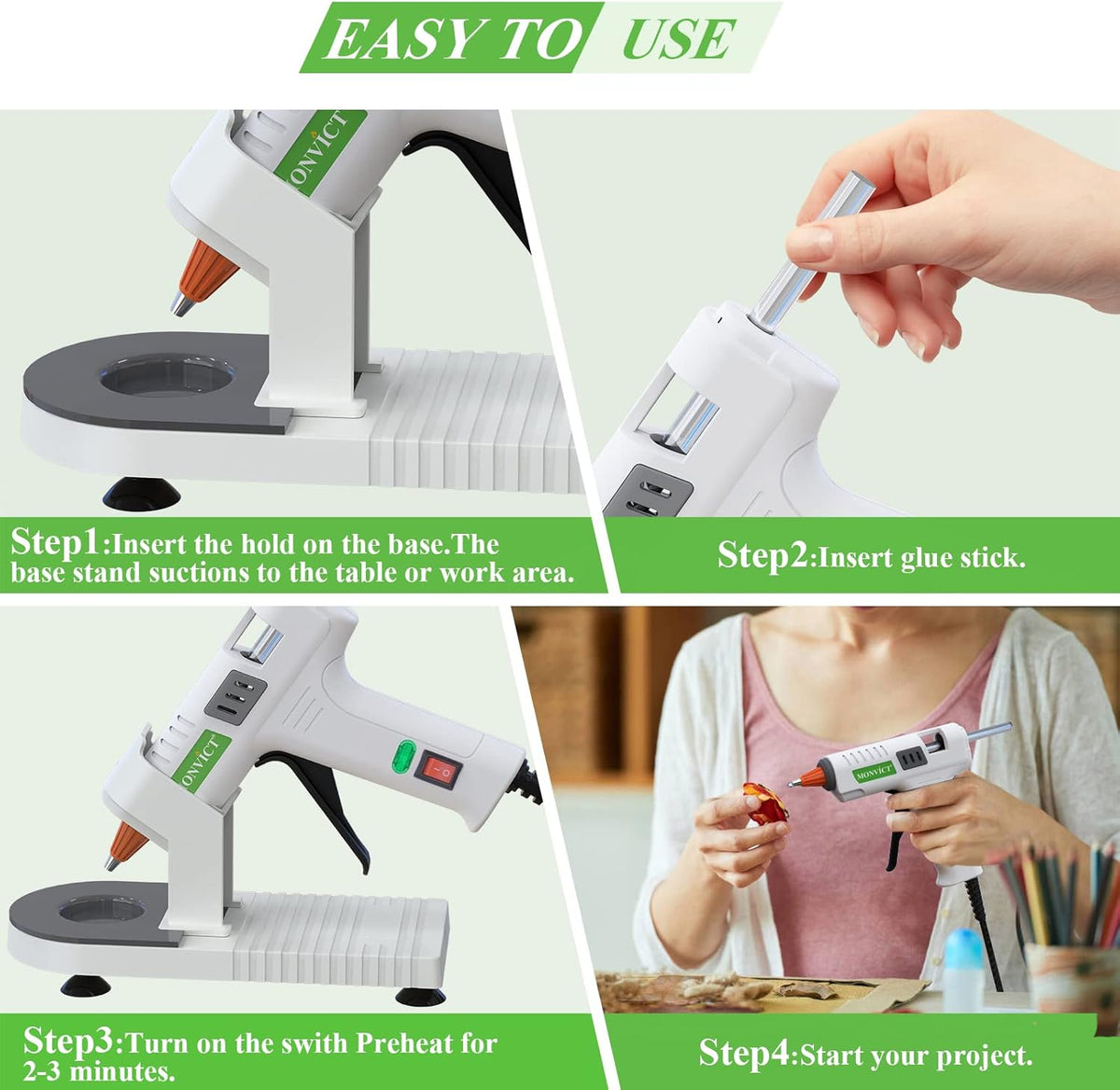Hot Glue Gun Kit, MONVICT 40W Mini Glue Gun with Fine Tip & 30 Glue Sticks, Suction Cups Stand & Anti Stick Silicone Mat, On/Off Switch Design for DIY, Crafts, Home School Project…