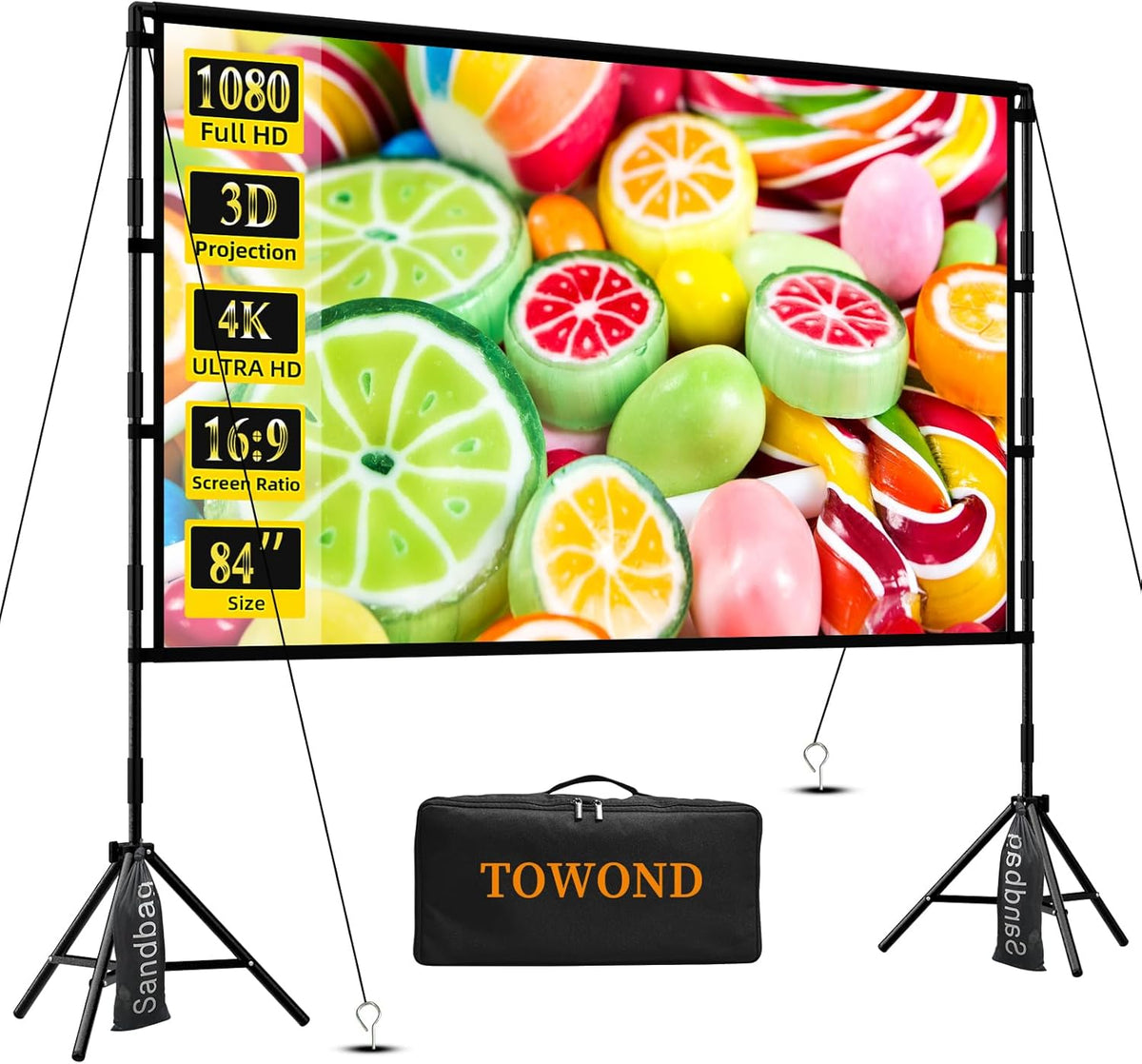 TOWOND Projector Screen with Stand, 84 inch Outdoor Projector Screen Portable Indoor Projection Screen 16:9 4K Rear Front Movie Screen with Carry Bag for Home Backyard Theater