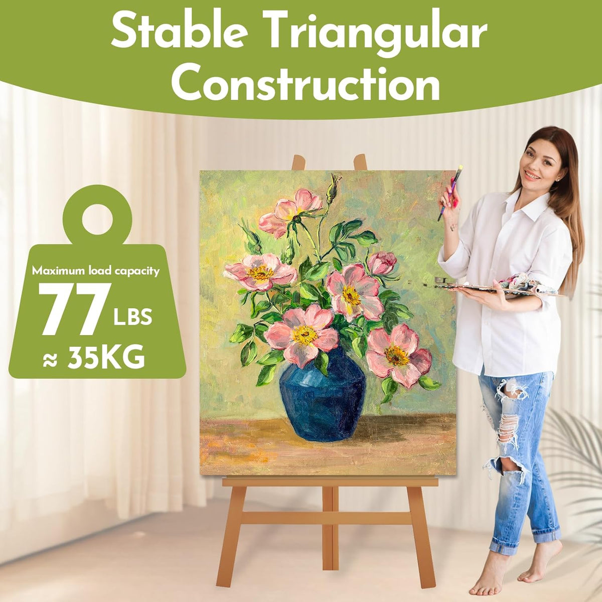 Heavy Duty A-Frame Wood Easel Stand - Adjustable Studio Easel Holds Large Canvas, Mirror, Wedding Sign Up to 90 Inches, Floor Display Easel for Artists & Events, Natural Beechwood