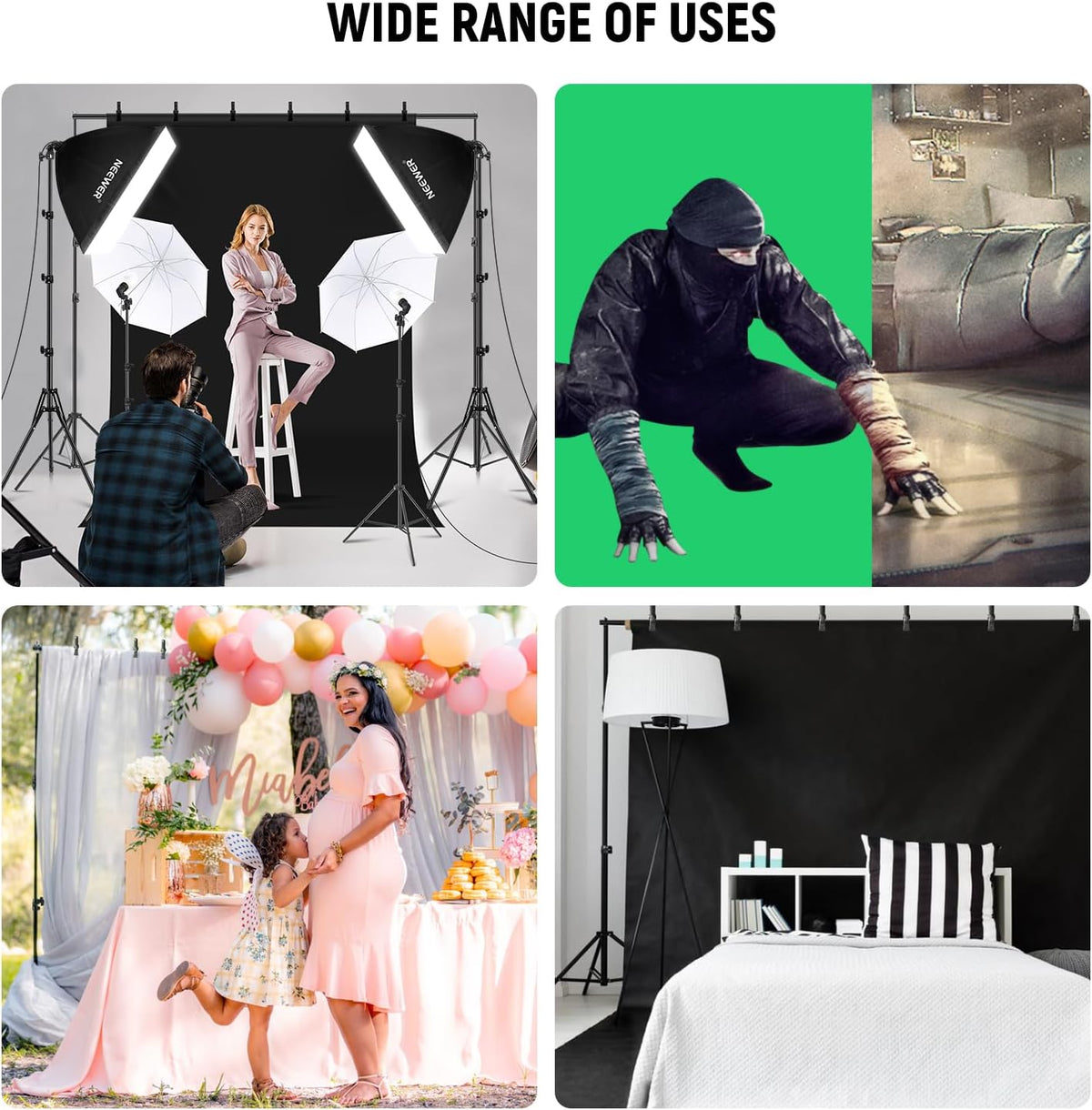 NEEWER Photography Lighting Kit with Backdrops,8.5x10ft Backdrop Stands,5700K 800W Equivalent 24W LED Umbrella Softbox Continuous Lighting,60cm Light Reflector, Photo Studio Equipment for Video Shoot