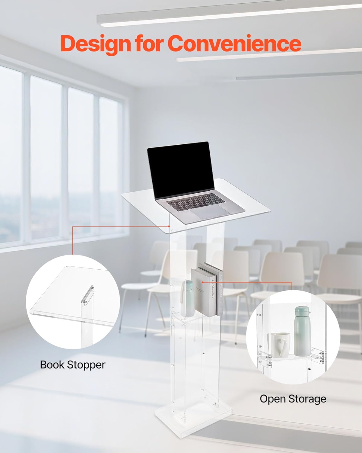 VEVOR Podium Stand, 50-Inch Acrylic Lectern, Portable Laptop Desk with Wide Reading Surface and Storage Shelf, Book Stopper, Floor-Standing, for Classroom, Wedding, Conference, Lecture and Concert