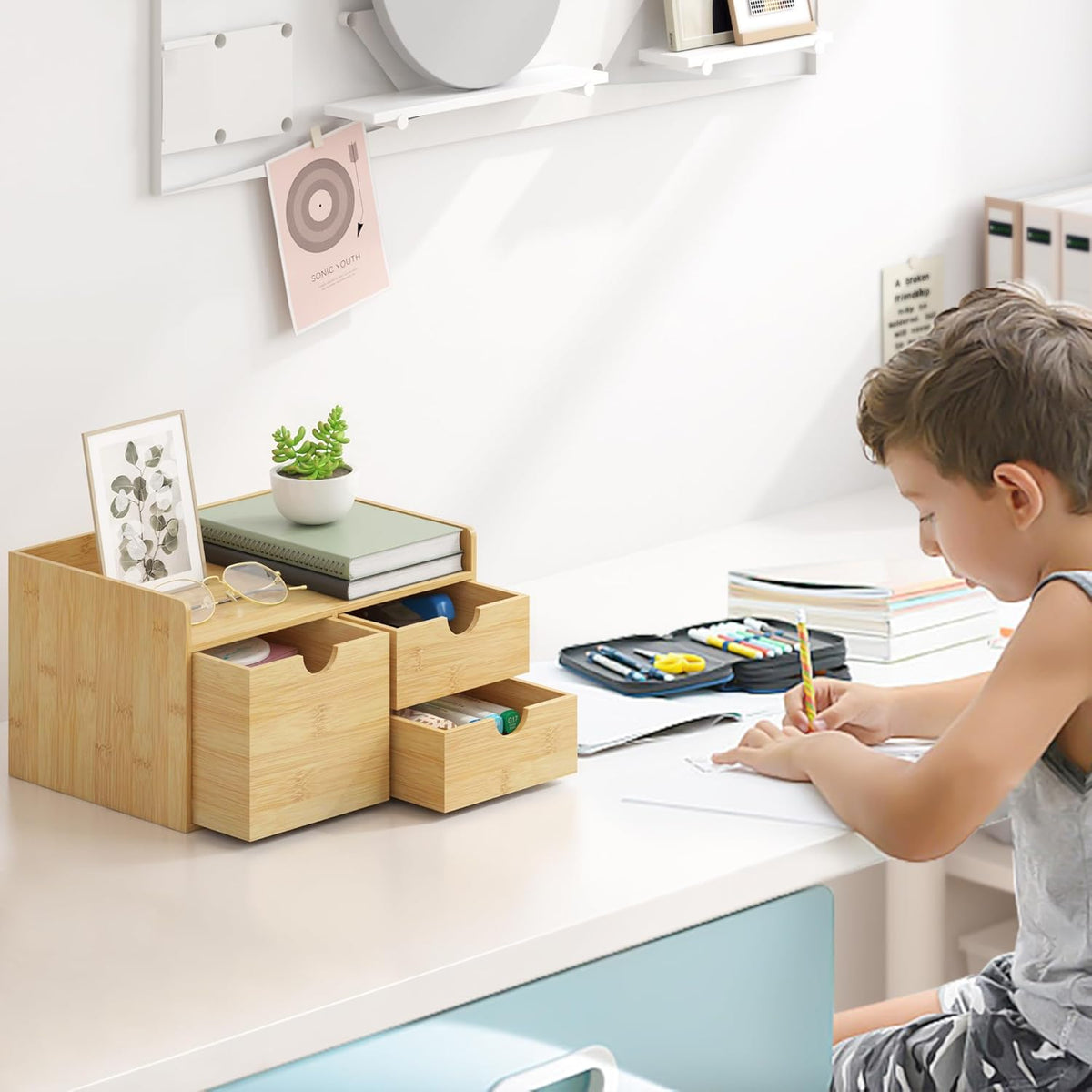 Desk Organizer with Drawers - Bamboo Desktop Organizer Storage | Wood Desk Drawers Organizer for Bills, Office Supplies, Cosmetics, Seals No Assembly Required (3 Drawer with Big Drawer)