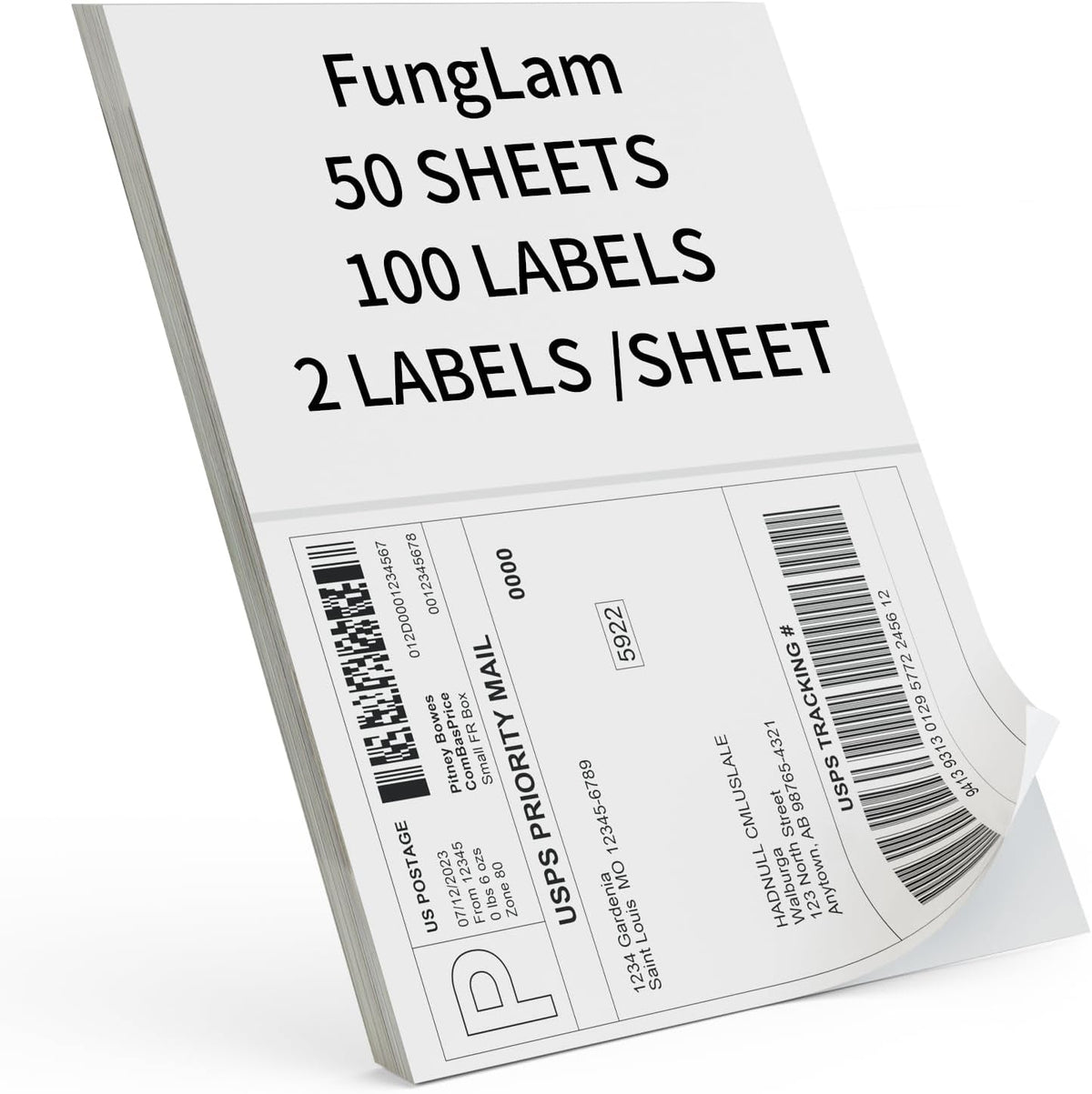 Half Sheet Shipping Labels 8.5x5.5 Inches, FungLam Half Page Labels, 8.5”x11” Self Adhesive Shipping Labels for Laser&Inkjet Printers, White Mailing Address Labels, 2 Labels Per Sheet, 100 Labels.