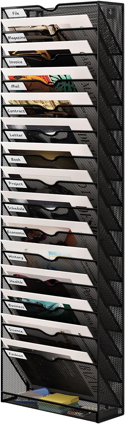 16 Tier Hanging Wall File Holder, Metal A4 Wall Mounted Document Holder, Vertical Hanging Mail Organizer, Magazine Storage Rack with Tray for Office Home Classroom, Black