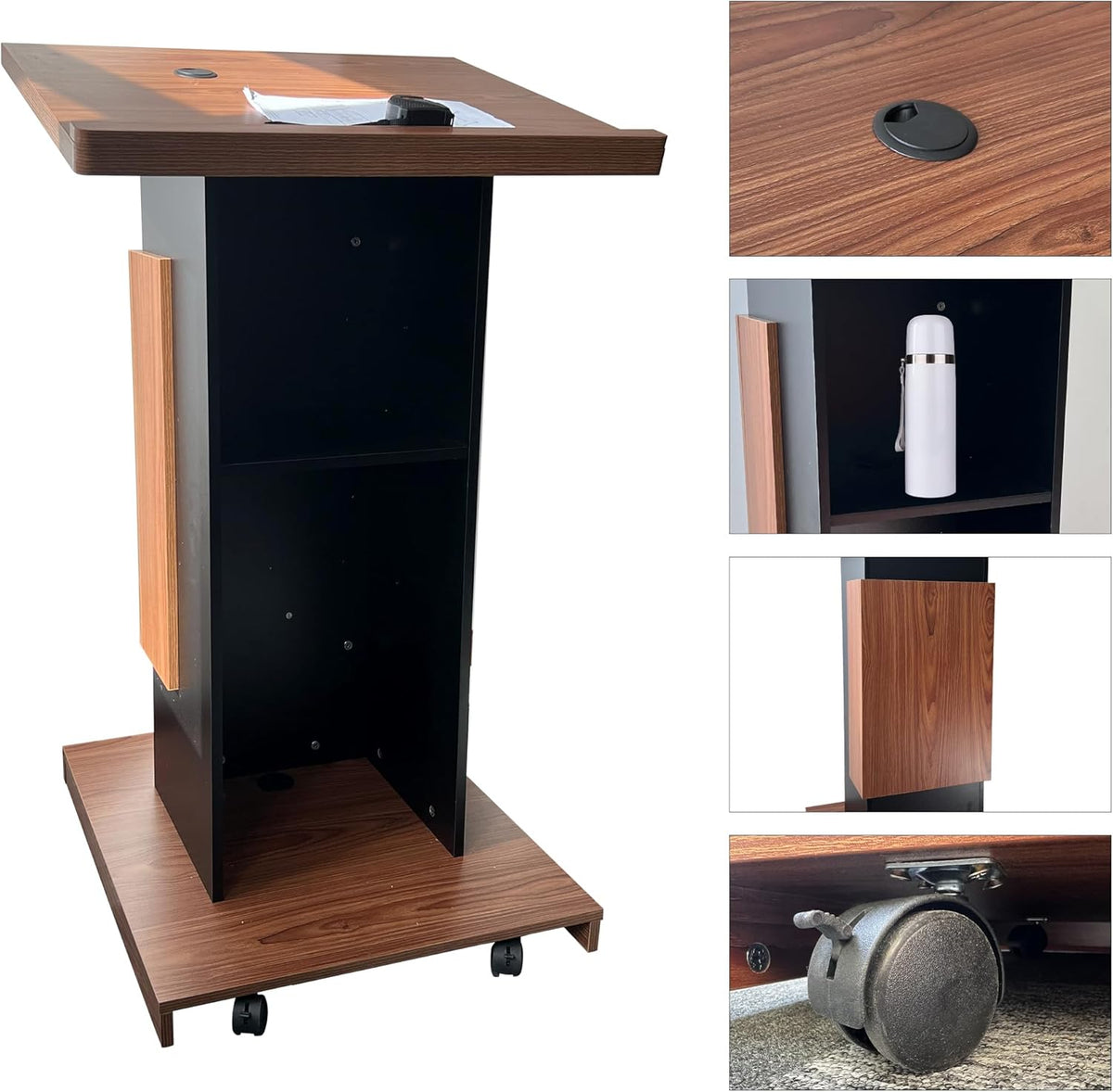 Wood Podium with Wheels,Wooden Lectern Stand,15MM Particle Board,Elegant Design with Storage,Mic Stand Space, Wooden Pulpit for Restaurants,Churches,Seminars and Schools