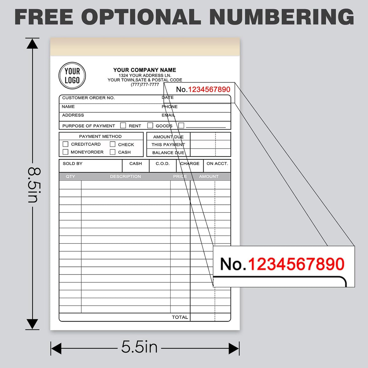 Custom Invoices Receipt Book for Small Business Personalized 2-Part Duplicate Carbonless Logo Receipt Books Sales Payment Forms with Company Name Address Phone Number 100 Sets5.5" x 8.5"
