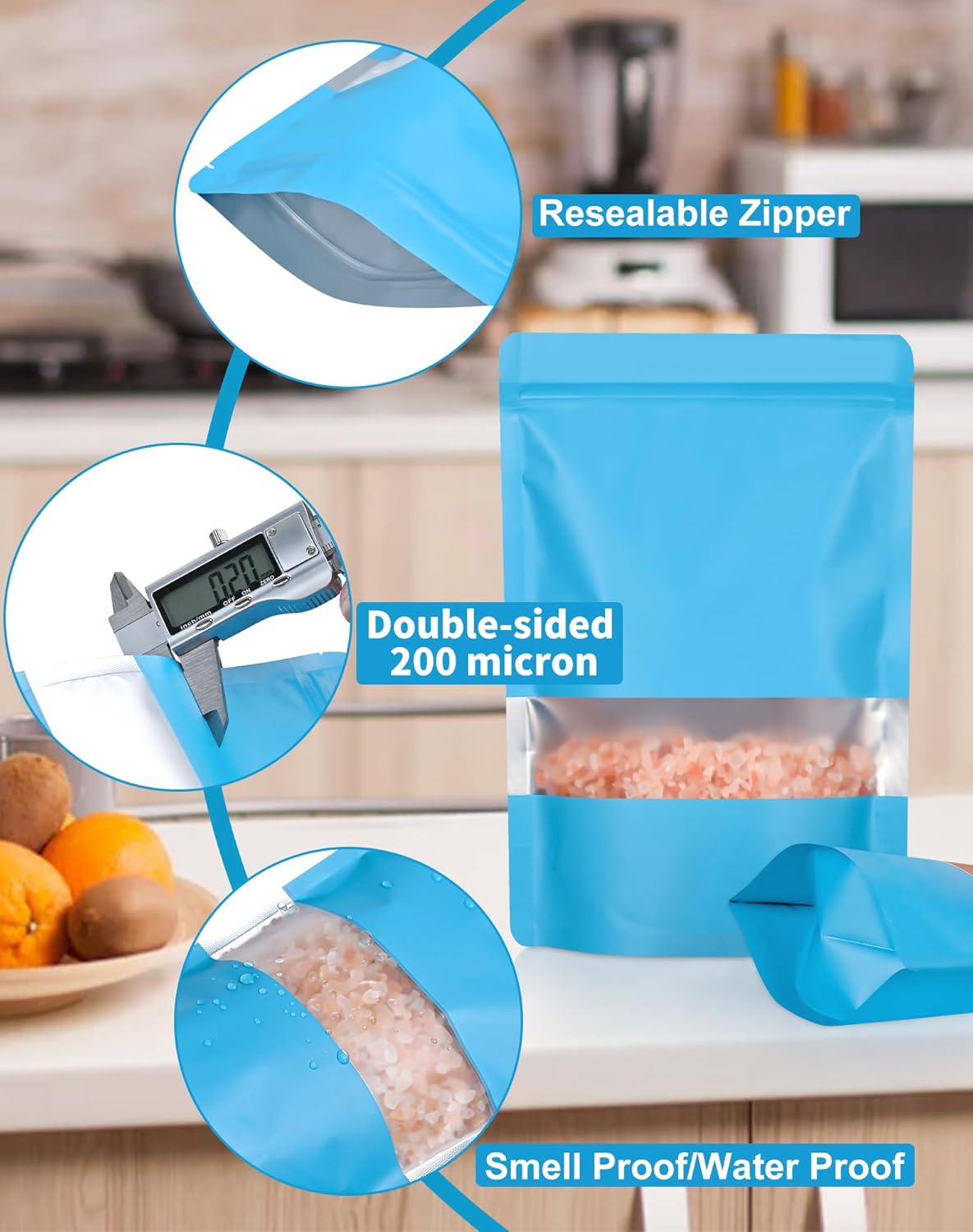 FireKylin 100 Pack Smell Proof Bags 7.9" x 11.8", Resealable Bags with Matte Window, Foil Pouch Stand Up Sealable Bags for Packaging（Blue）