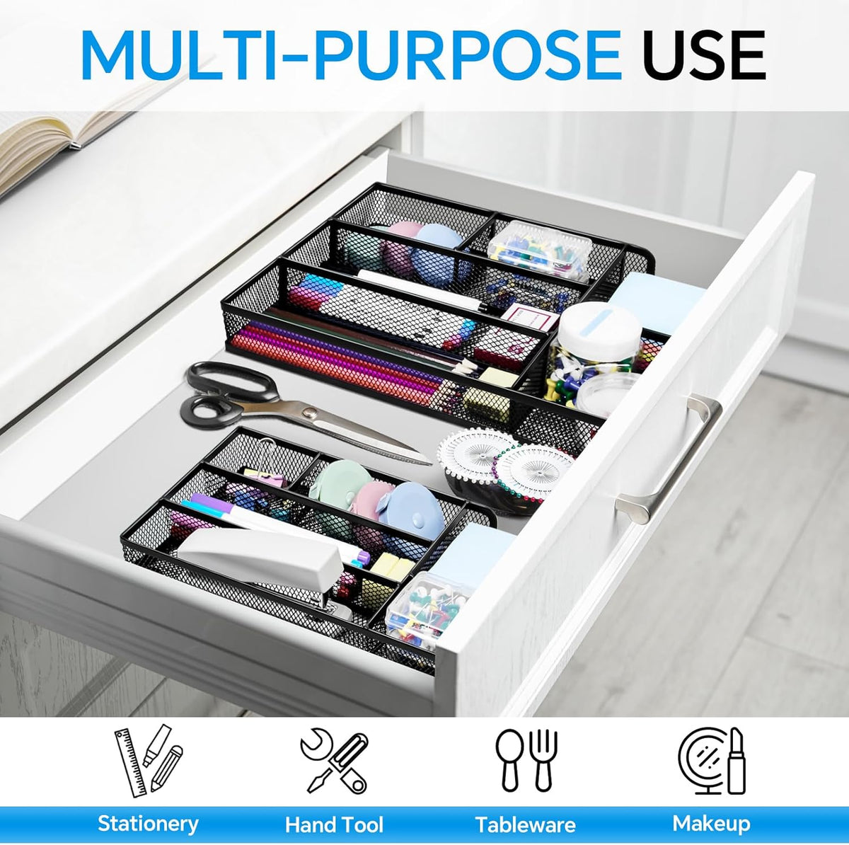 Desk Drawer Organizer, Office Drawer Divider Organizer Tray with 6 Compartments, Metal Mesh Desktop Organization and Accessories for Stationery Makeup Kitchen Toolroom School ＆ Office, 11x6.1x1.38 in