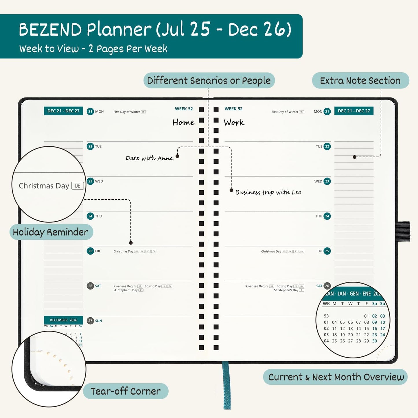 BEZEND Weekly Planner 2025-2026 with 2 Columns, 5.8" x 8.5" Academic Calendar 18 Months (Jul 25-Dec 26) Life Work Appointment Book with Monthly Tab, PU Leather Softcover Spiral - Lilac