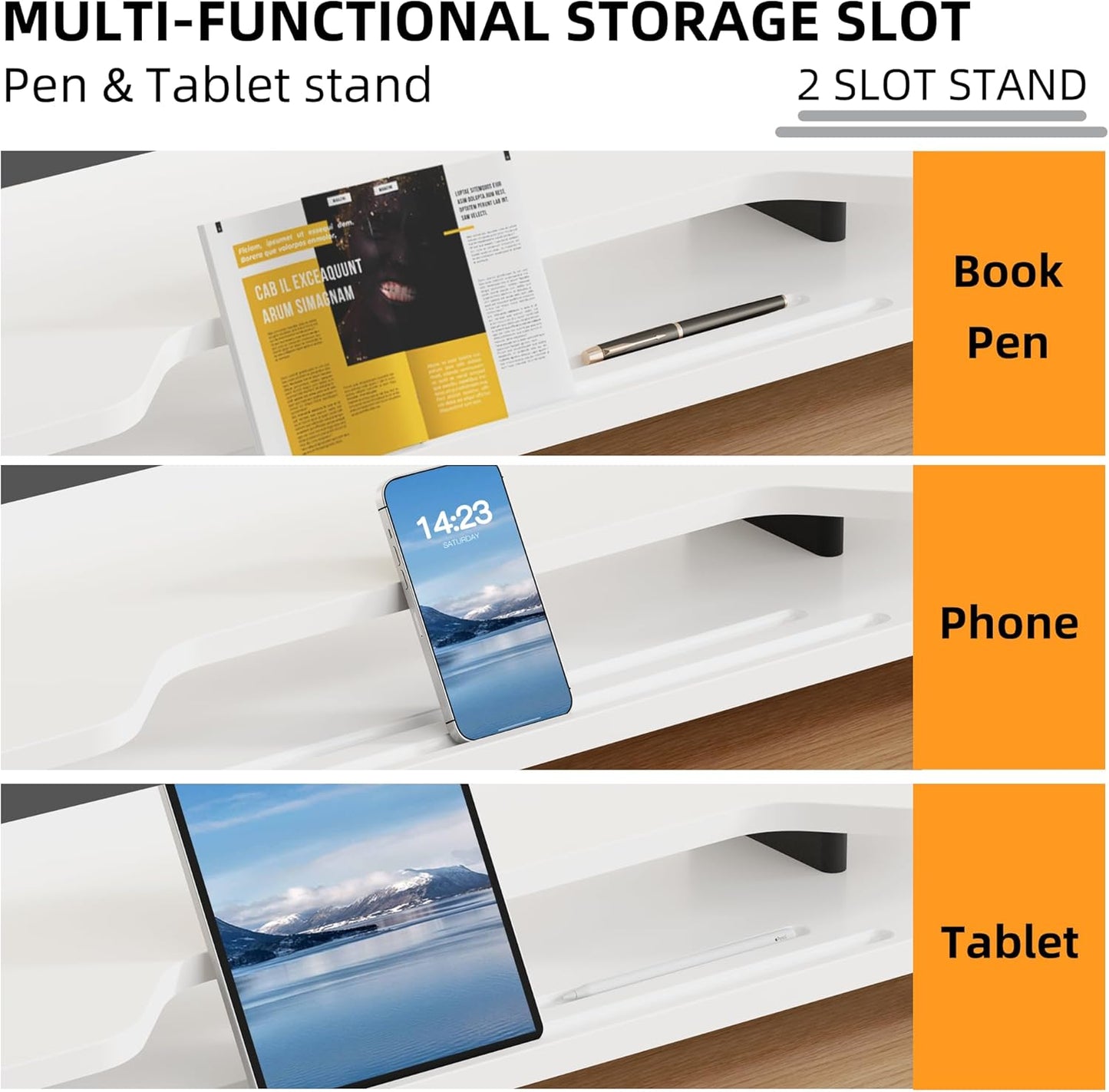 2 Tier Dual Monitor Stand Riser,Wider Board Computer Monitor Stand for 2 Monitors,Slot For Phone/Tablet Office Desktop Organizer for Laptop,PC,Computer,Printer,White