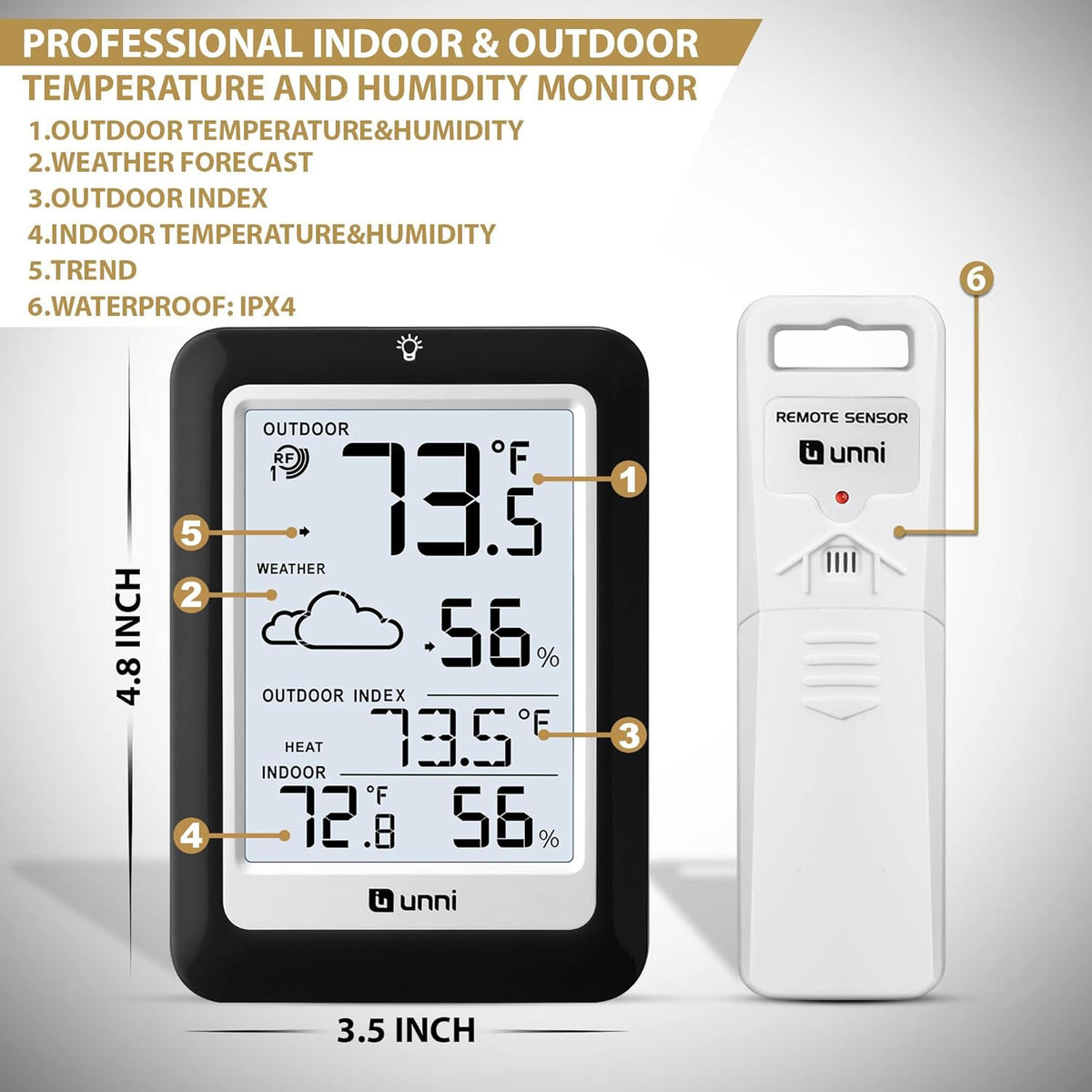 Indoor Outdoor Thermometer Hygrometer Wireless Weather Station, Temperature Humidity Monitor Battery Powered Inside Outside Thermometers with 330ft Range Remote Sensor(Black)