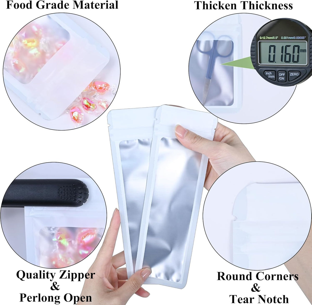 Resealable Mylar Pouch Bag Great for Office Home Party Favor Food Storage (100PCS, White Color, 2.7 x 9 inch)