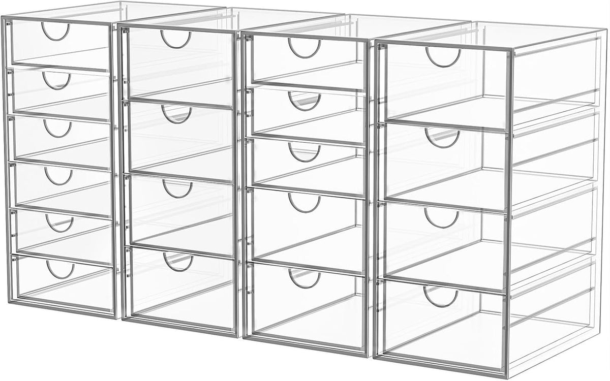 Acrylic Makeup Organizer with 19 Drawers, 4 Pack Clear Storage Drawers, Bathroom Makeup Organizer for Palettes, Cosmetic, and Beauty Supplies,Ideal for Vanity, Cabinet,Desk Organization