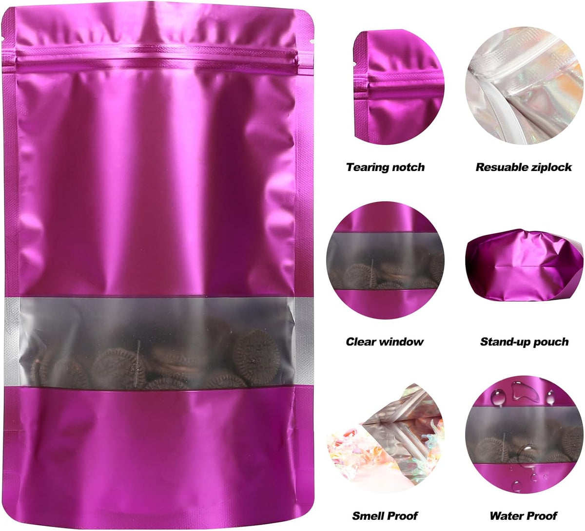 100 Pack Smell Proof Bags, Resealable Mylar Bags with Matte Window, Foil Pouch Stand-up Bags for Food Self Sealing Storage, Scratch Resistant Hand Storage Bags.(Purple, 5.5×7.9 Inch)