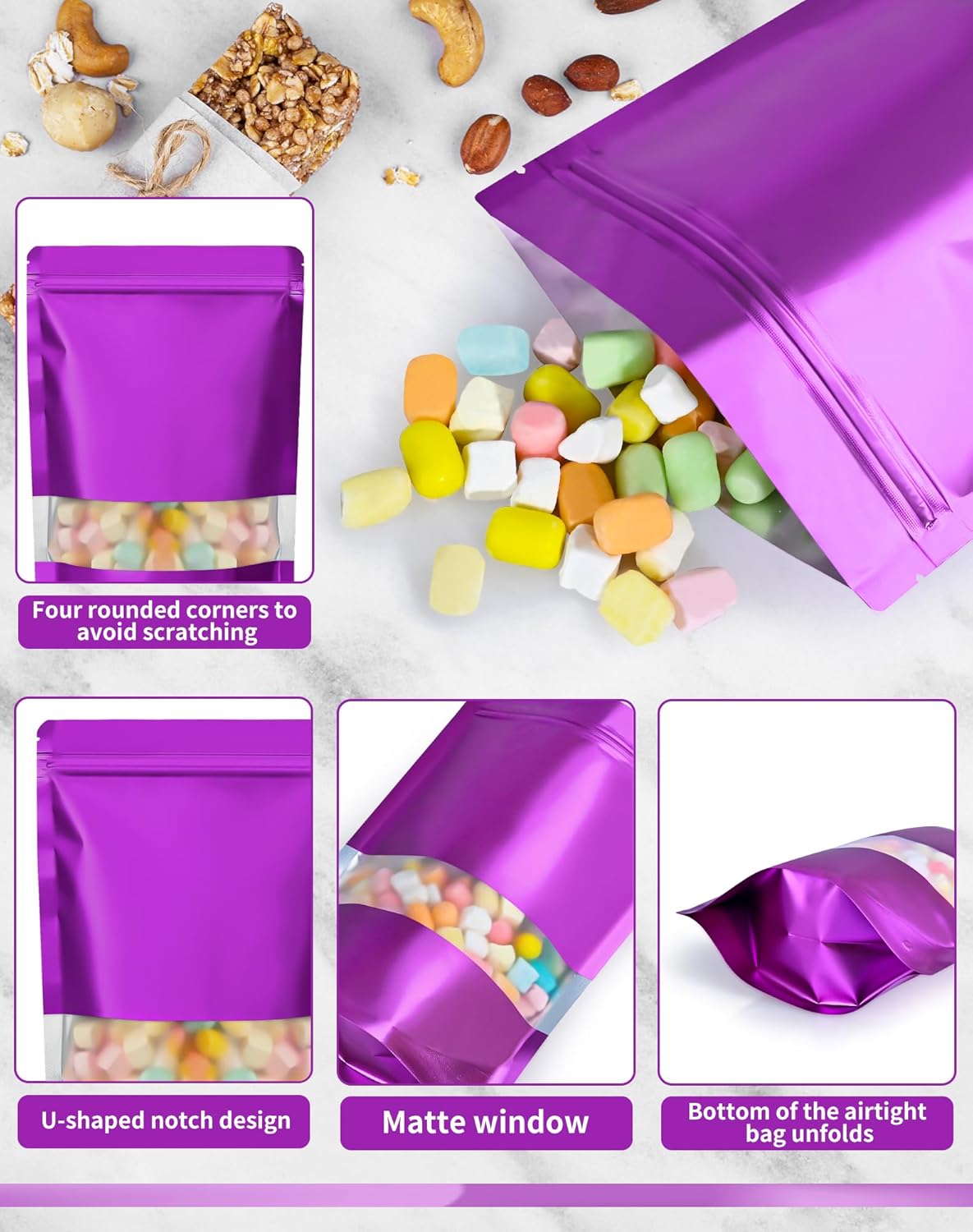 FireKylin 100 Pack Smell Proof Bags 4.7" x 7.9", Resealable Bags with Matte Window, Foil Pouch Stand Up Sealable Bags for Packaging(Purple)