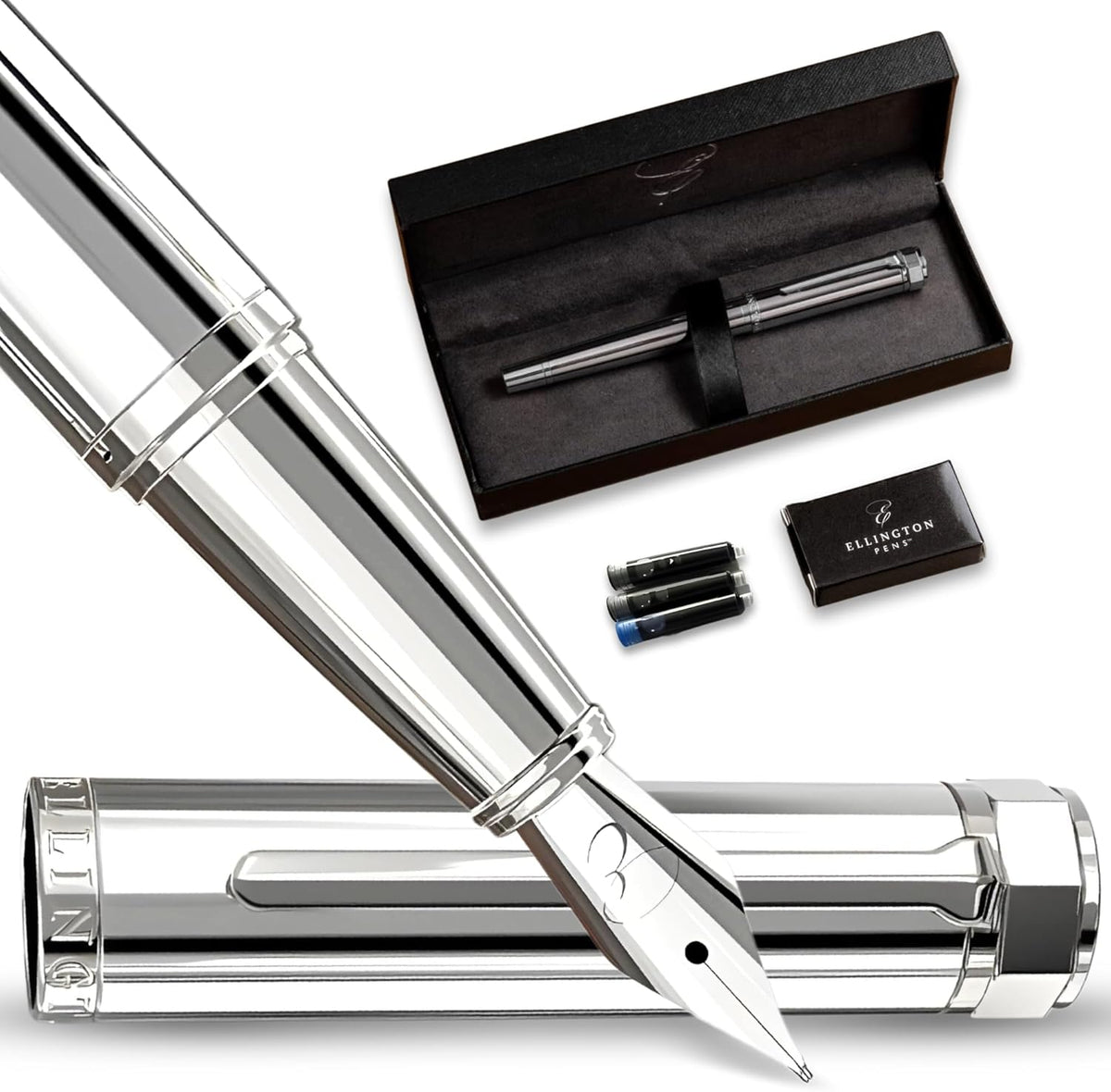Luxury Fountain Pen Set- Fountain Pens for Writing - Smooth Fine Nib - Includes Refillable Ink Converter, 3 Ink Cartridges [Black & Blue], Gift Box - Elegant Calligraphy