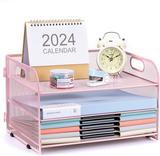 3-Tier Letter Tray Paper Organizer with Handle,Compact Mesh Desk File Organizer for Home Office Supplies Desktop Accessories,Pink