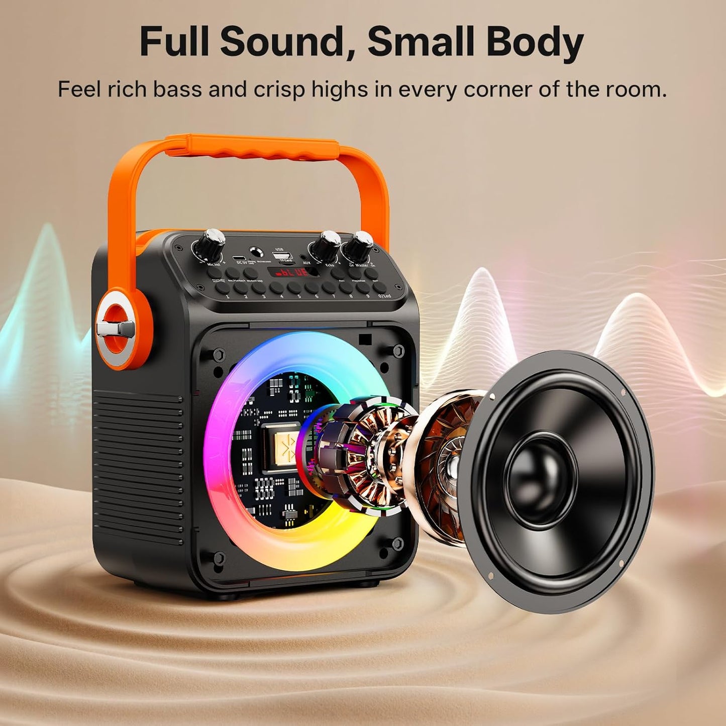 Karaoke Machine, Portable Bluetooth Karaoke Speaker with 2 Wireless Microphones for Adults, PA System with Echo Adjustment, LED Lights, Supports USB/TF/REC/FM/AUX, for Home Party, Outdoor
