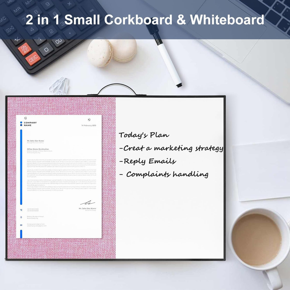 Small White Board Cork-Board Combo - 16 X 12 inches Pink Linen Board & Magnetic Dry Erase Board for Wall, Mini Bulletin Cork Board with Holder for Office, Home and School