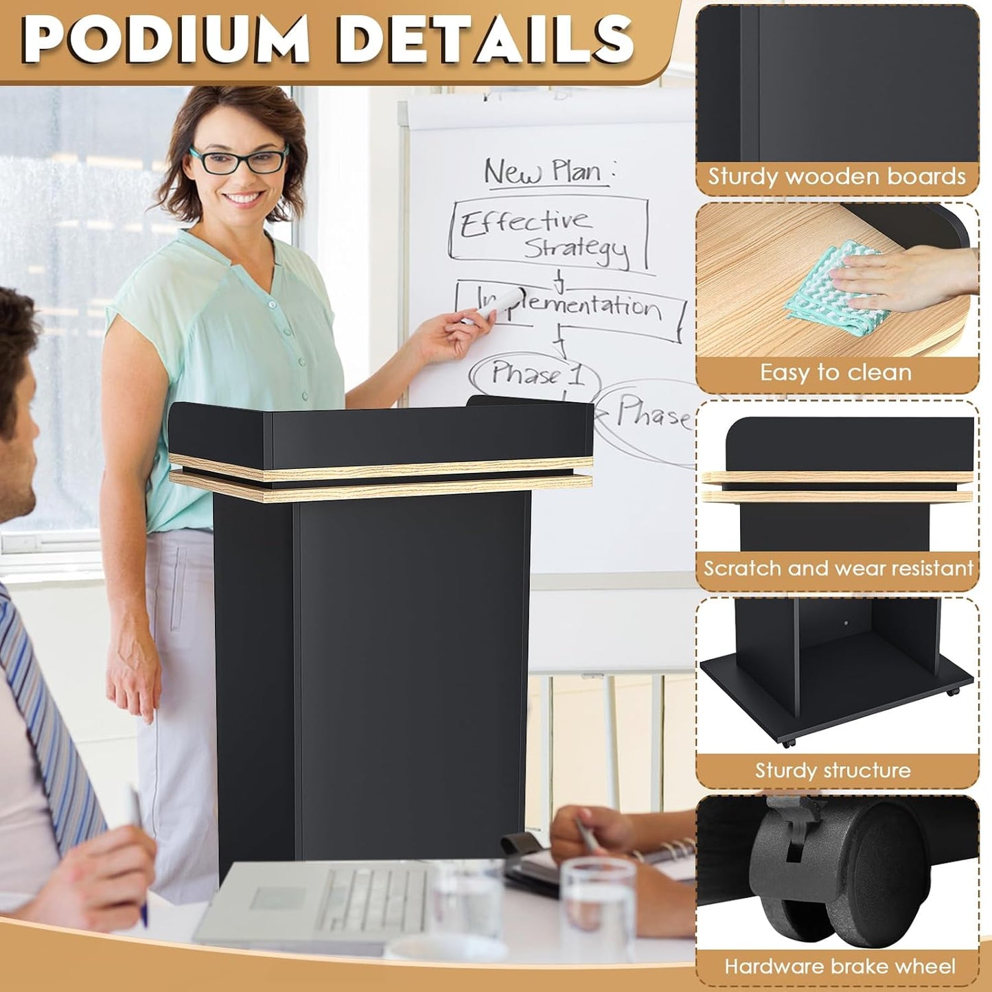43" Wood Podium Stand with 3 Levels of Storage, Portable Lectern with Wheels, Floor Standing Customer Reception Podiums Mic Stand Desk for Churches, Office, School,Conference, Auditorium