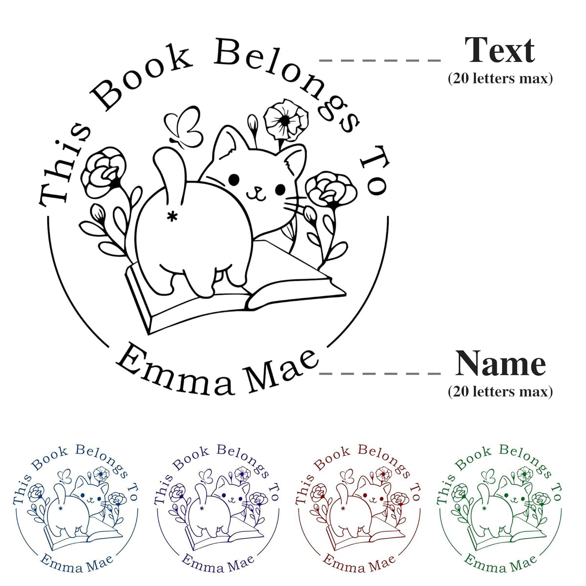 Cat Flower Book Embosser Stamp with Your Name and Ctue Kitty Rose Personalized Library Embosser Stamp Customized Books Business Cards Paper Documents Notebooks etc. (Cute Cat - 02)