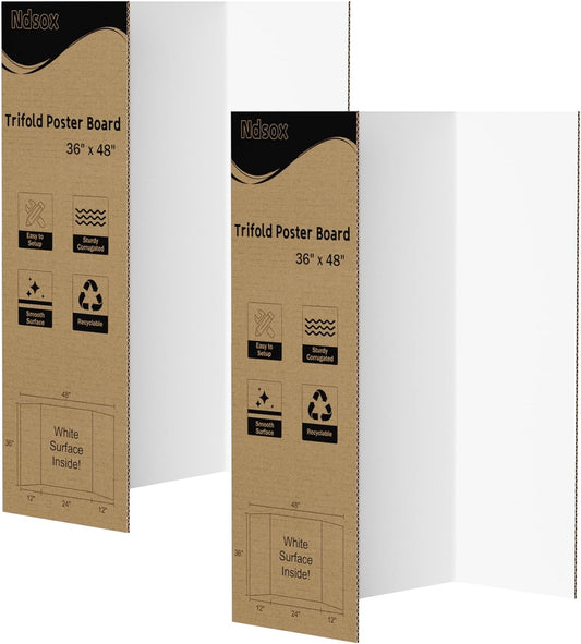Ndsox 2 Pack 36" x 48" White Trifold Poster Board Large Corrugated Tri Fold Business Presentation Boards Picture Posterboard for Science Fairs, School Projects, Event Displays, Art Exhibitions