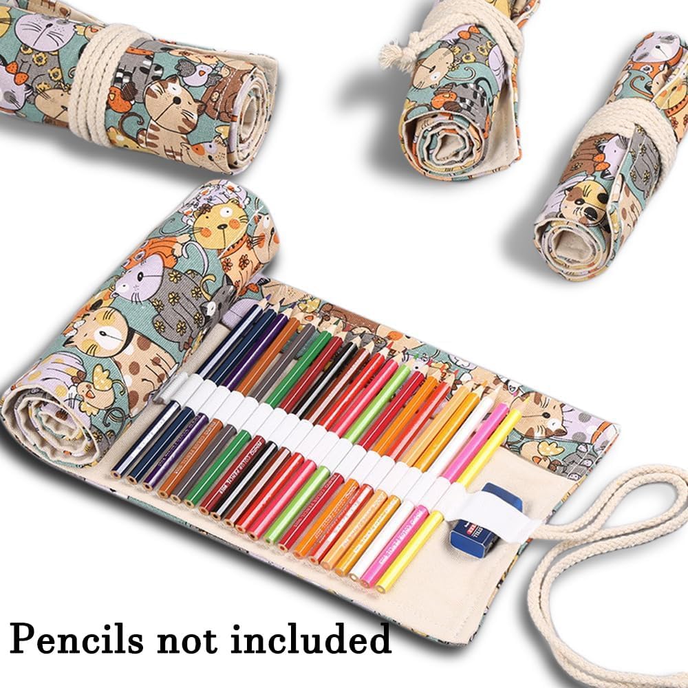 DIYOMR 24/36/72 Slots Pencil Wrap Pencil Rolls, Artist Colored Pencils Roll Up Bag Short Brushes Pouch Case Pencils Organizer for Drawing Coloring and Sketching, NO PENCILS (Cuddly Cat, 36slots)