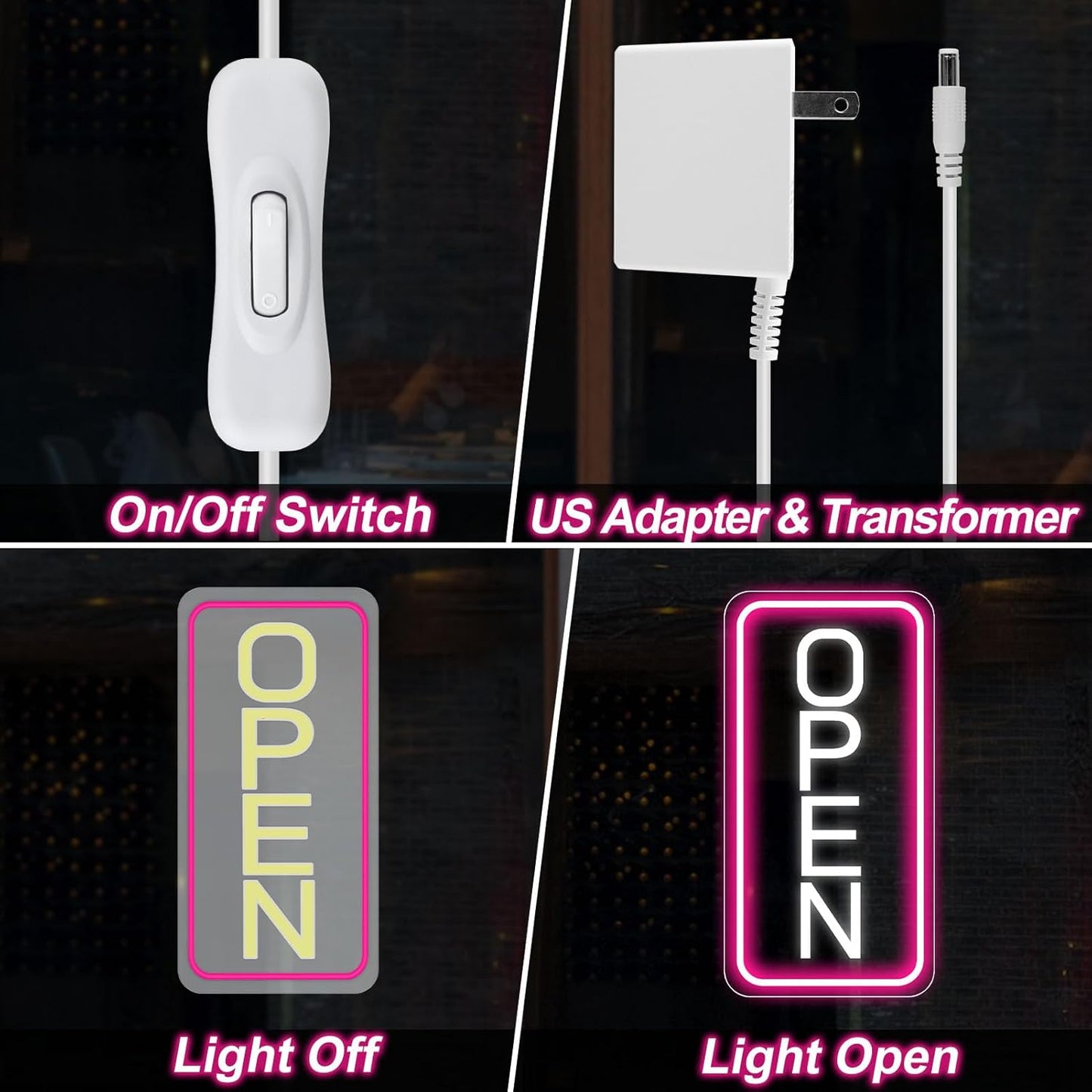 Neon Open Signs for Business, 16''x 9'' LED Open Sign, Super Bright Open Neon Sign (Pink&White), with ON/OFF Switch & Adapter, Neon Light Up Sign for Window Party Wall Door Coffee Club Hotel, Vertical