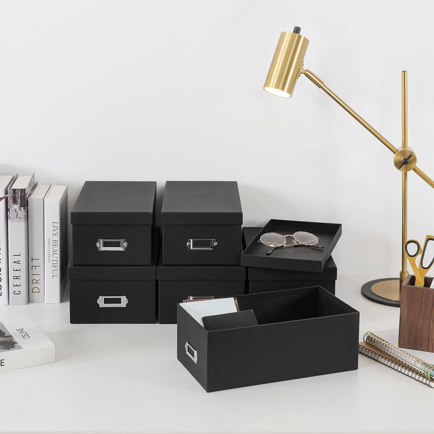 Soul & Lane Black Storage Boxes - Set of 6 (3 Large, 3 Medium), Keepsake Memory Storage Boxes with Lids, Cardboard Organizers with Label Holders for Photos, Crafts, Collectibles