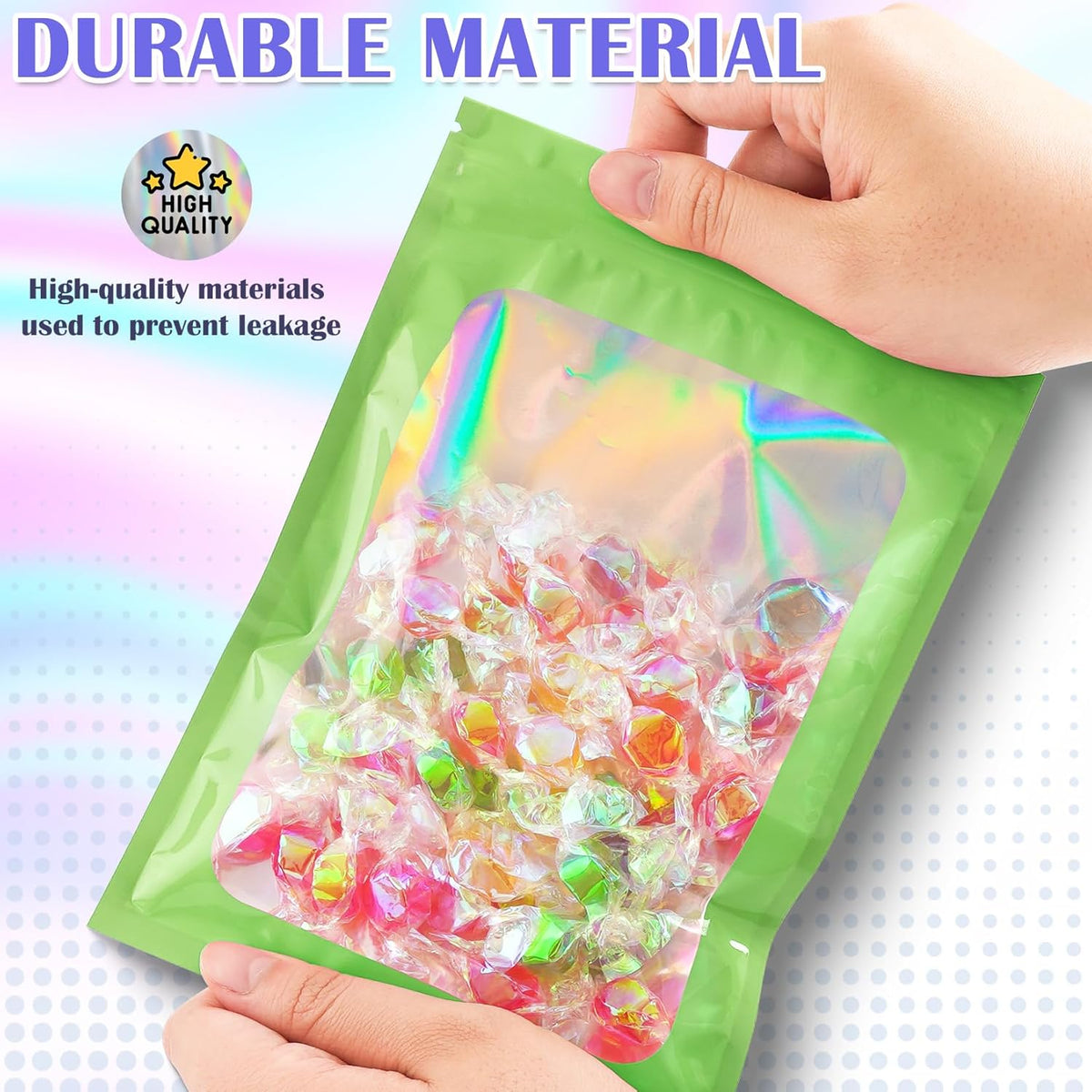 300 Pcs Mylar Bags, Smell Proof Bags Foil Pouch, Holographic Resealable Bags for Small Business, Candy Sample Jewelry Bag Sealable Packaging for Party Favor Food Storage (2.4x3.9in-Green)