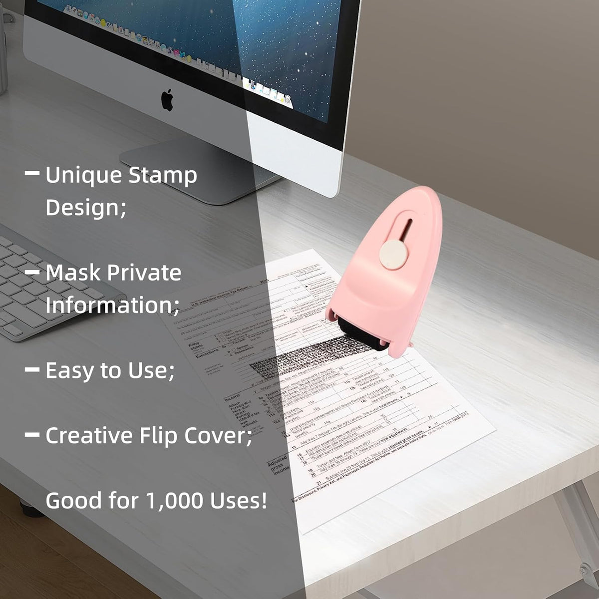 Identity Privacy Protection Roller Security Stamp 2-Pack - Guard Your ID with Adjustable Ink, Built-in Cutter & Flip Cover Design, Compact Security Tool for Document & Mail Privacy (Pink)