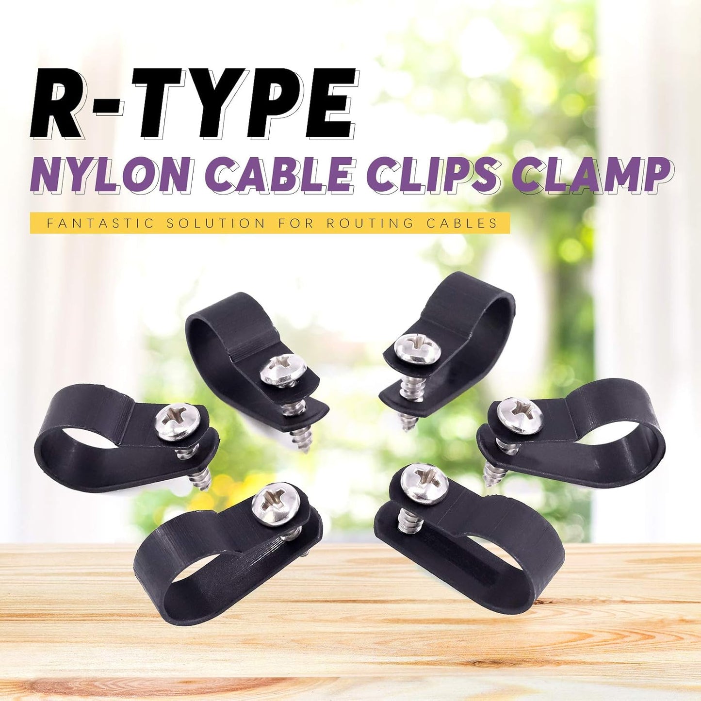 Swpeet 60 Pack Black 5/8 Inch Nylon Plastic R-Type Cable Clips Clamp Kit, Nylon Screw Mounting Cord Fastener Clips with 60 Pack Screws for Wire Management
