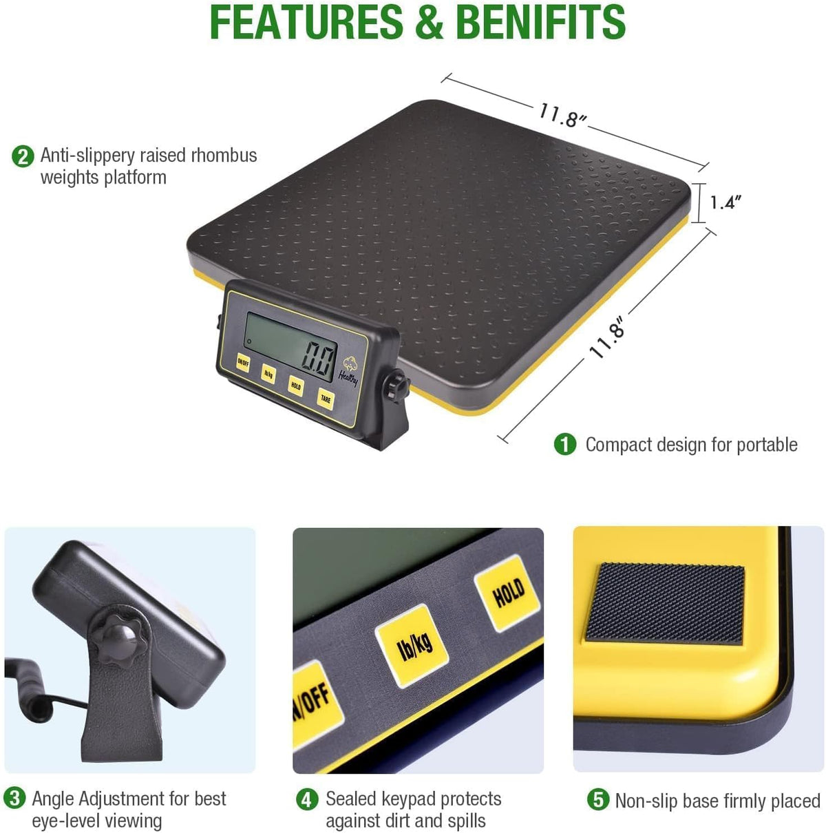 400lbs Commercial Scale Digital Receiving Scale with Anti-Slip Aluminum Platform, High Accuracy Food Scale with Hold/Tare/Auto-Off, Kitchen Scale with LCD Display for Restaurant/Cater